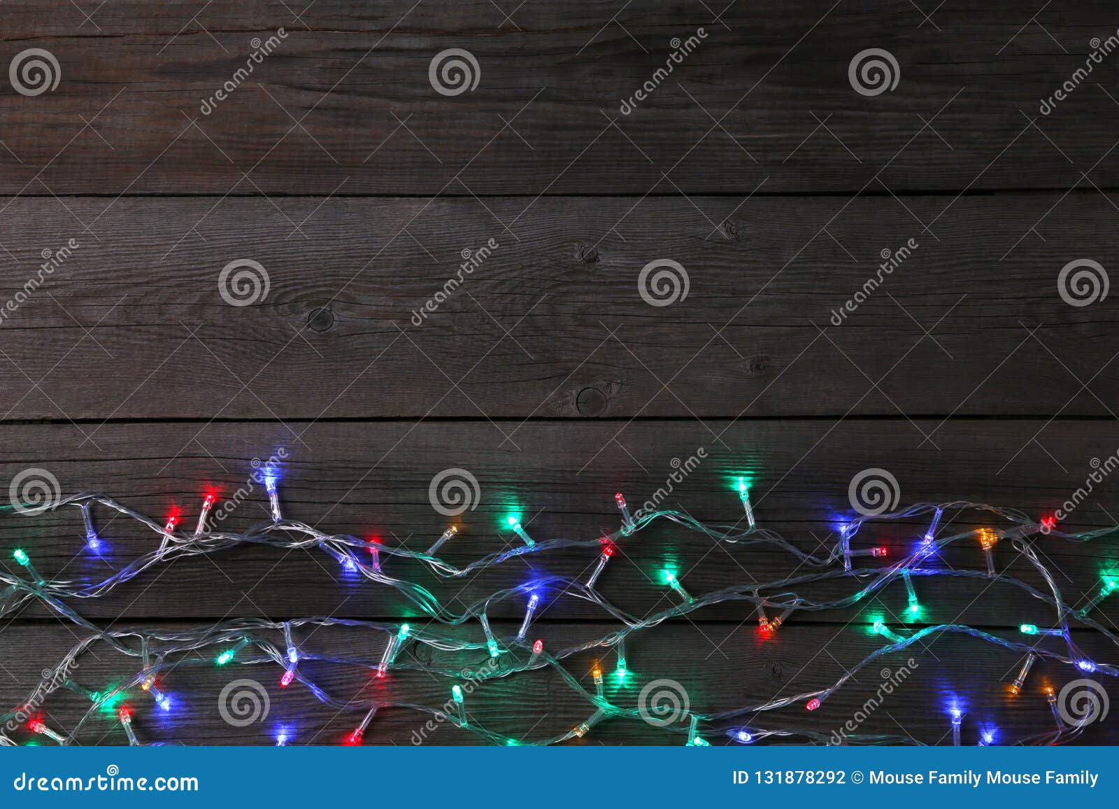 Christmas Garland Lights on Grey Background, Copy Space Stock Photo