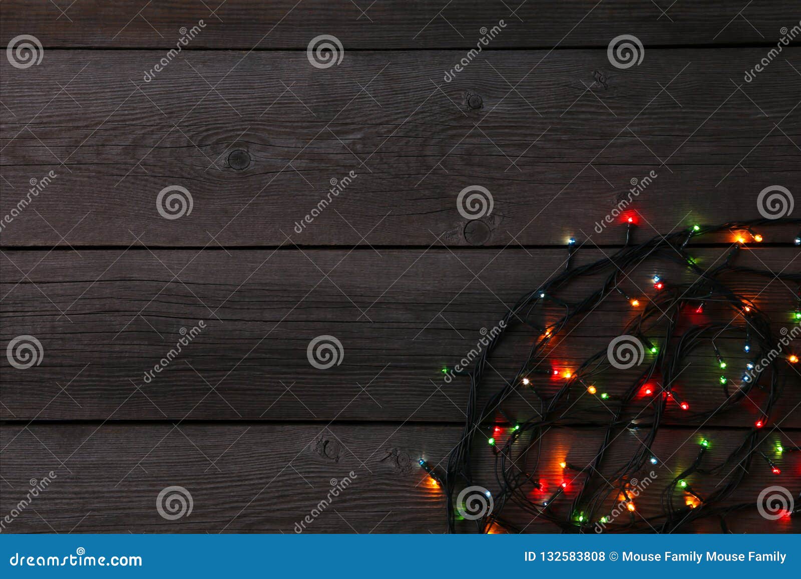 Christmas Garland Lights on Grey Background, Copy Space Stock Photo