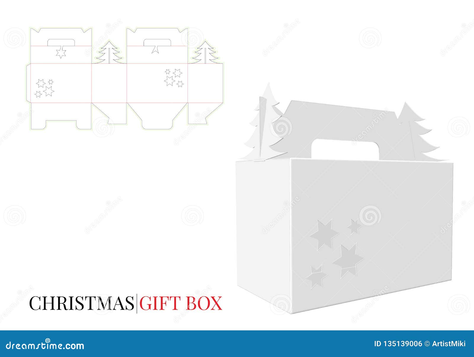 template with die cut lines. christmas gift box with handle.  with die cut / laser cut layers