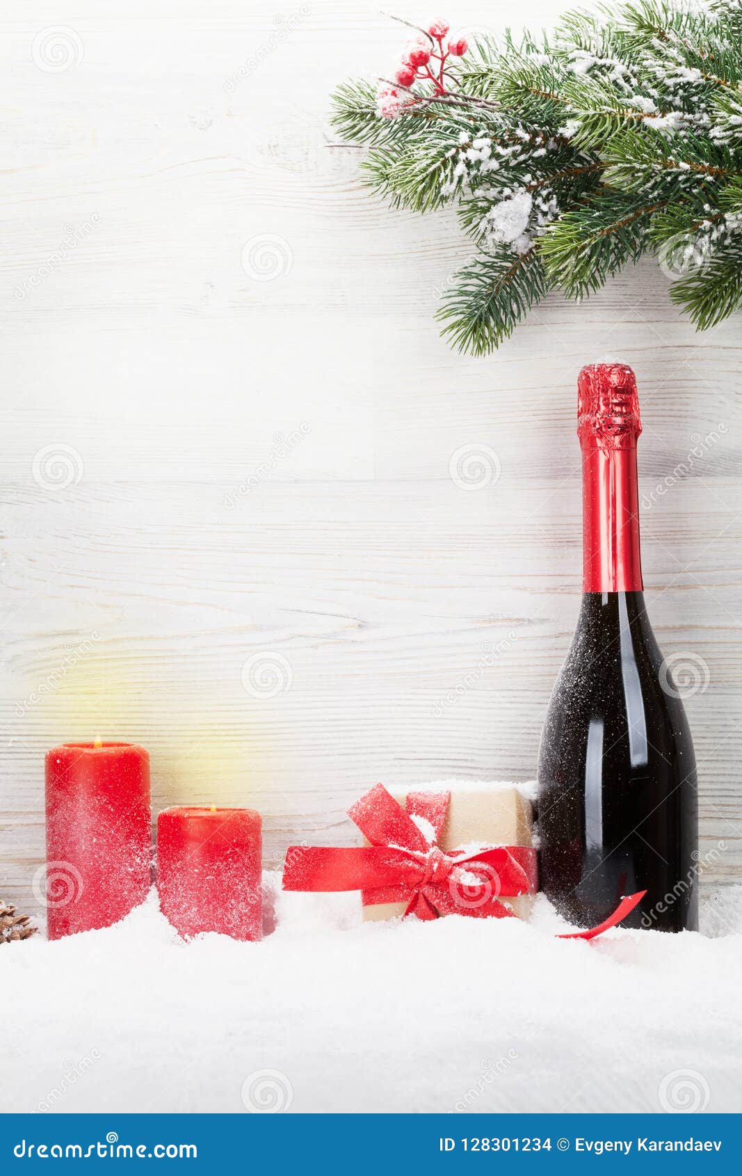 Christmas Gift Boxes, Champagne Bottle Stock Photo - Image ...