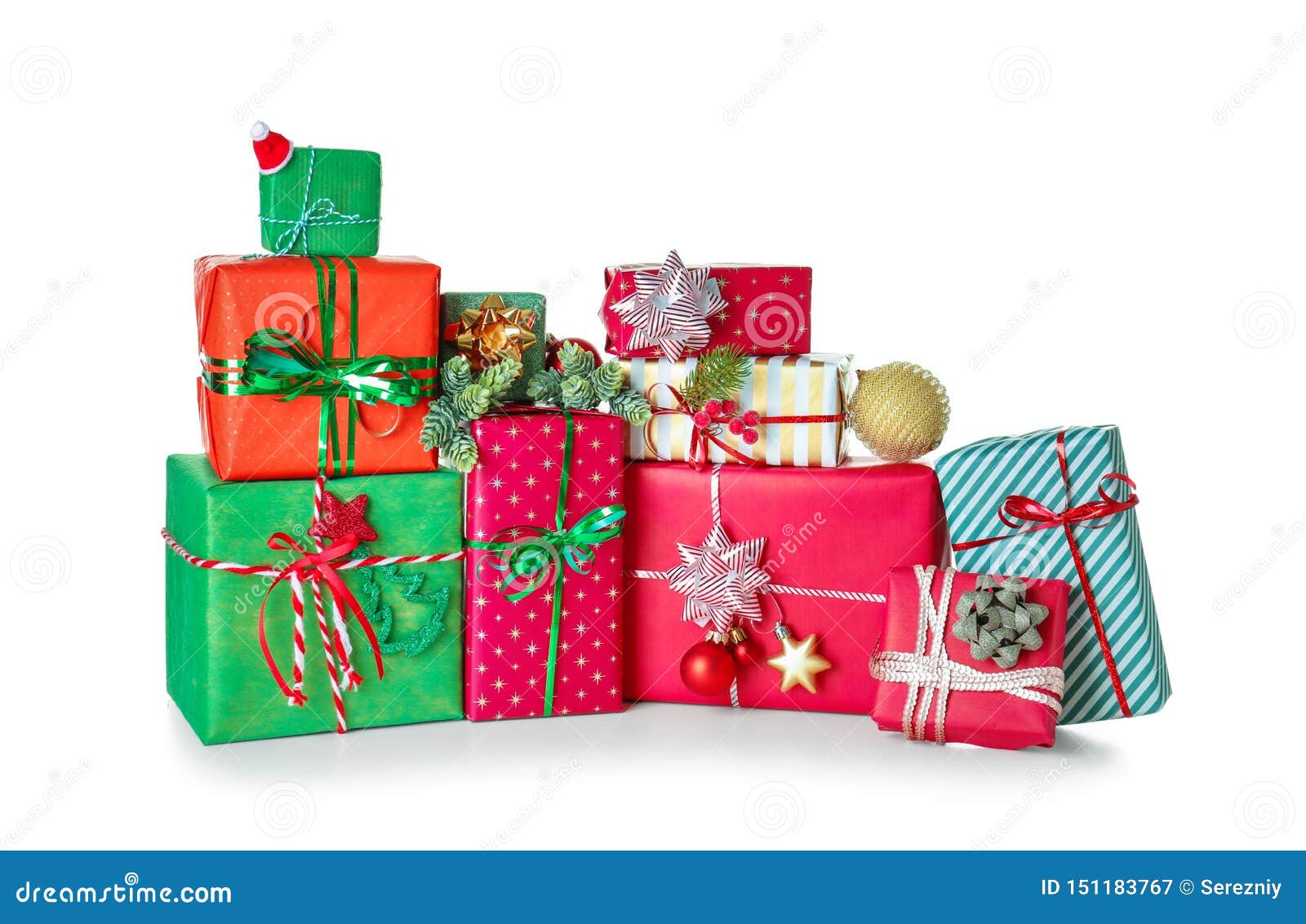 Christmas Gift Boxes and Decorations on White Background Stock Image