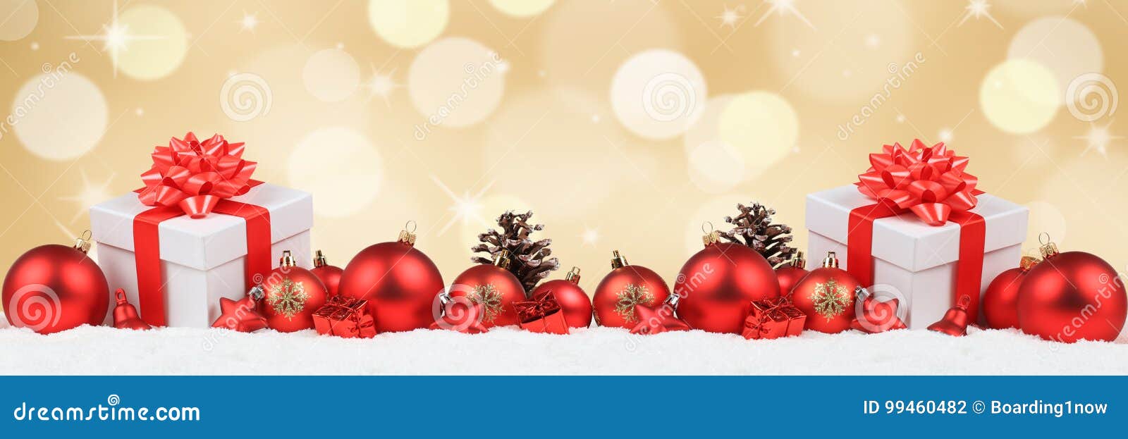 christmas gifts presents balls banner decoration golden background copyspace