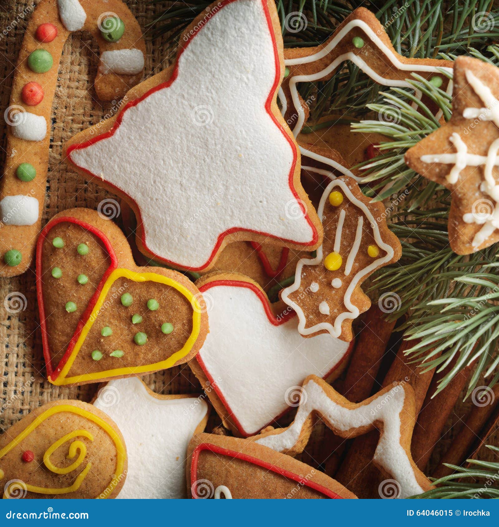 Christmas Gingerbread Cookies and Fir Tree on Fabric Background Stock ...