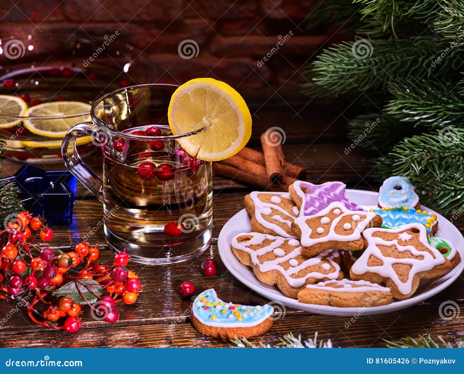 Christmas Glass Latte Mug With Lemon And Cookies On Plate ...