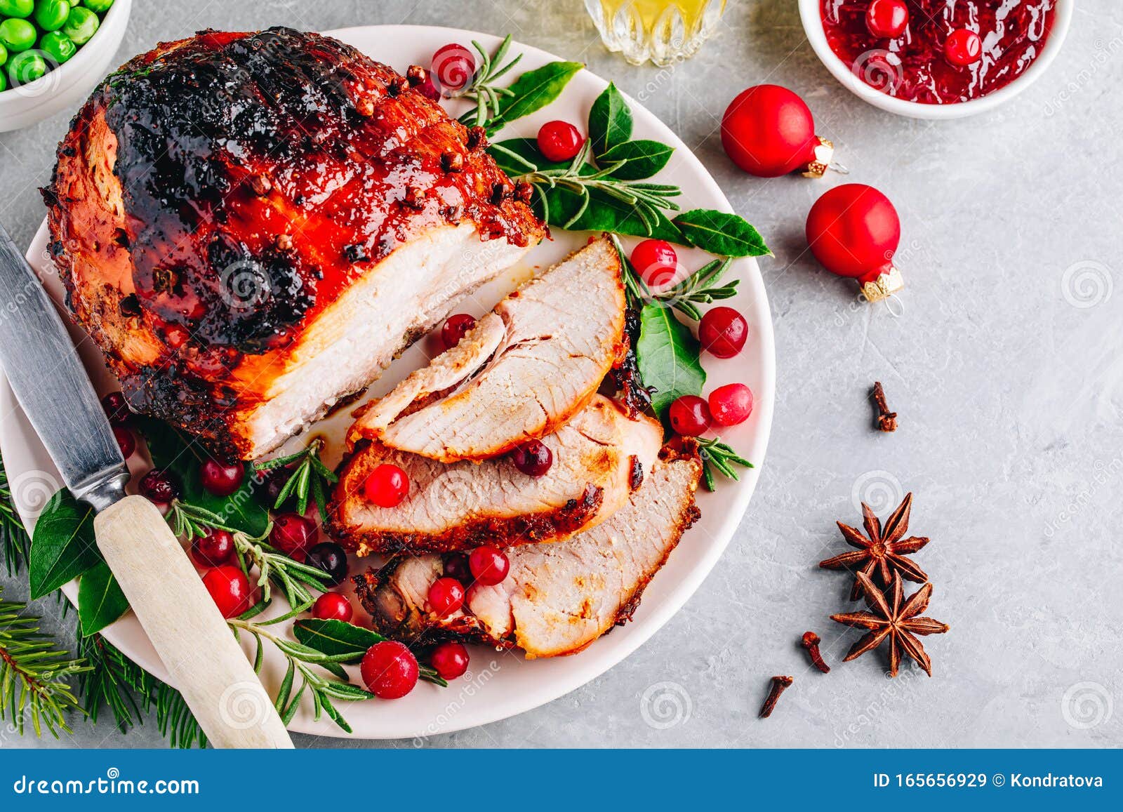 Christmas Glazed Ham with Cranberry Sauce. Roasted Holiday Pork Meat