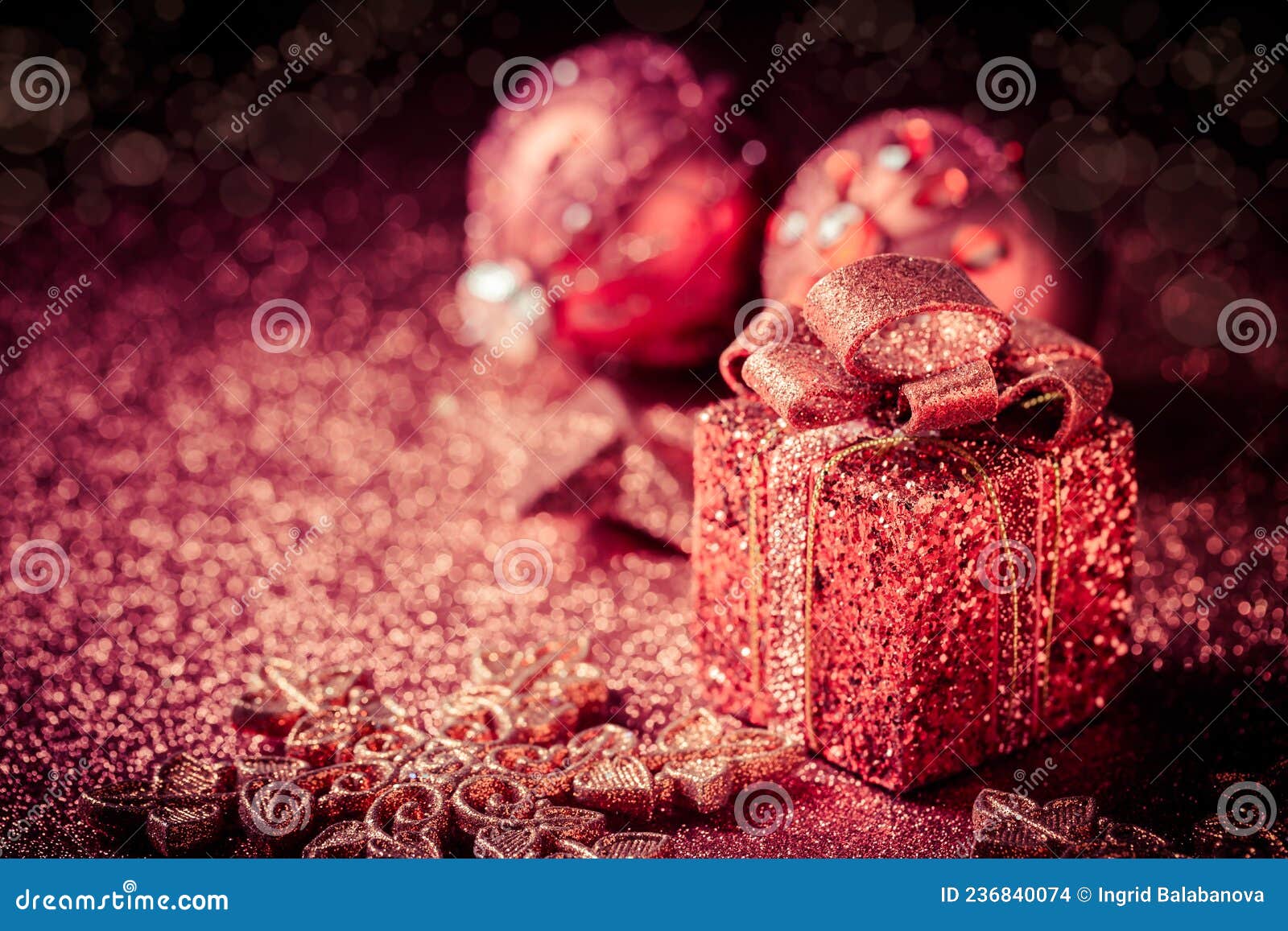 christmas glitter ornaments and present box