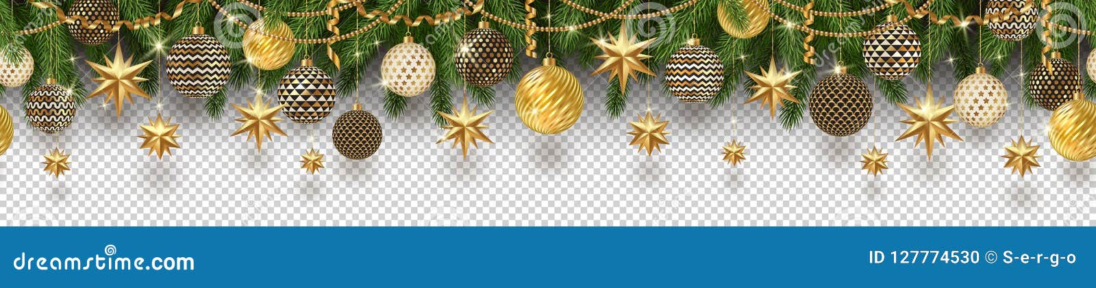 christmas golden decoration and christmas tree branches on a checkered background. can be used on any background. seamless frieze.