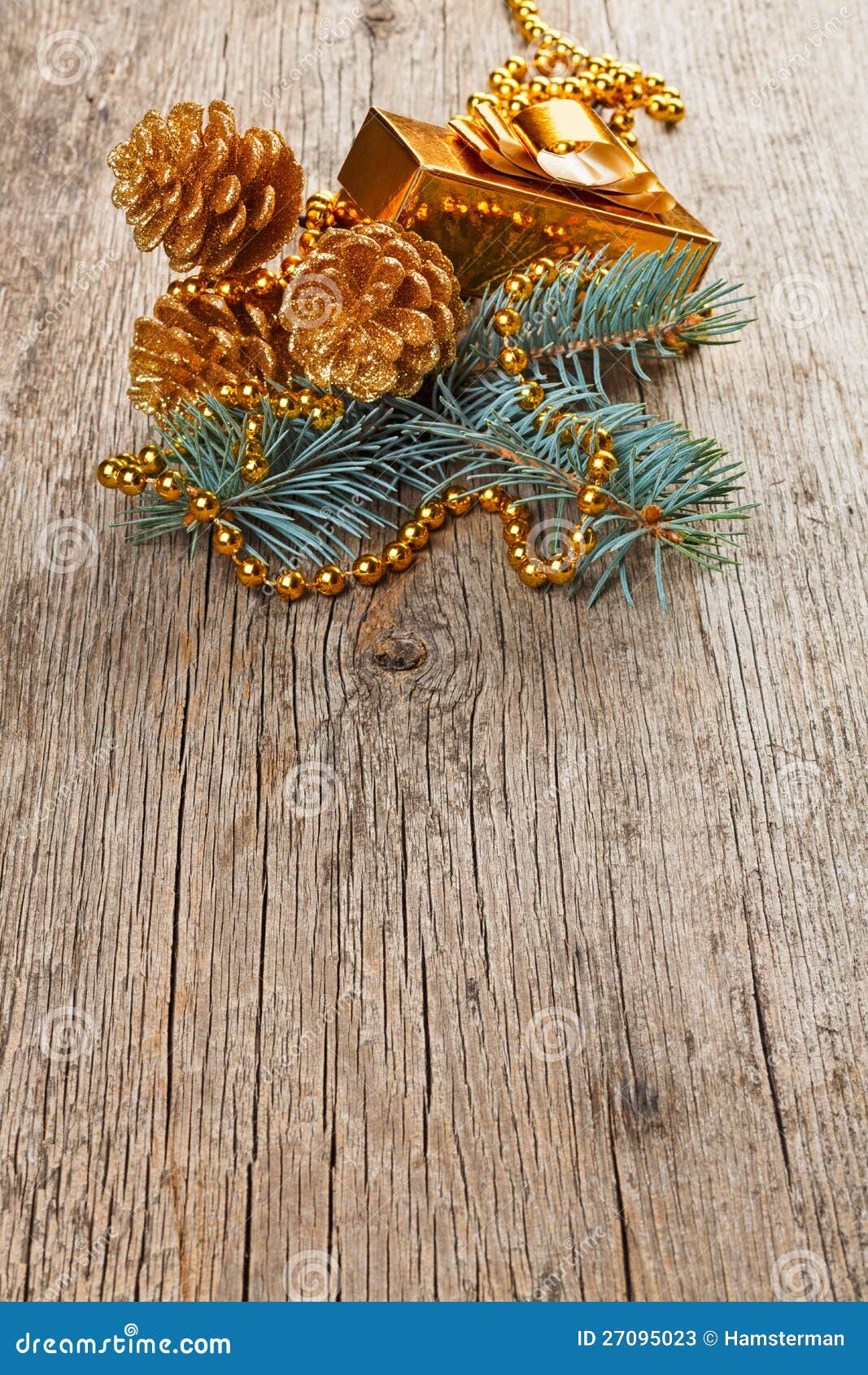 Christmas Golden Decorations on Pine Branch Stock Image - Image of ...