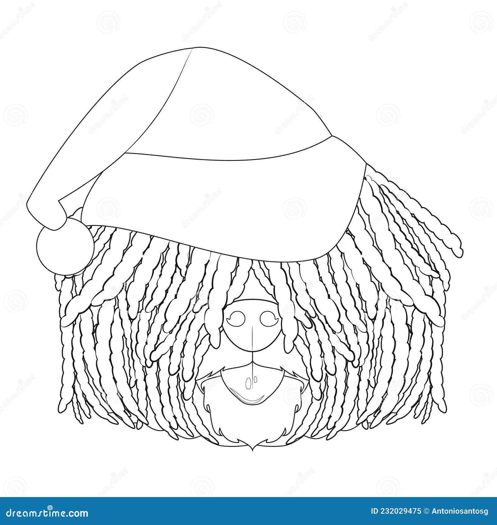 christmas greeting card for coloring. puli dog with santa`s hat