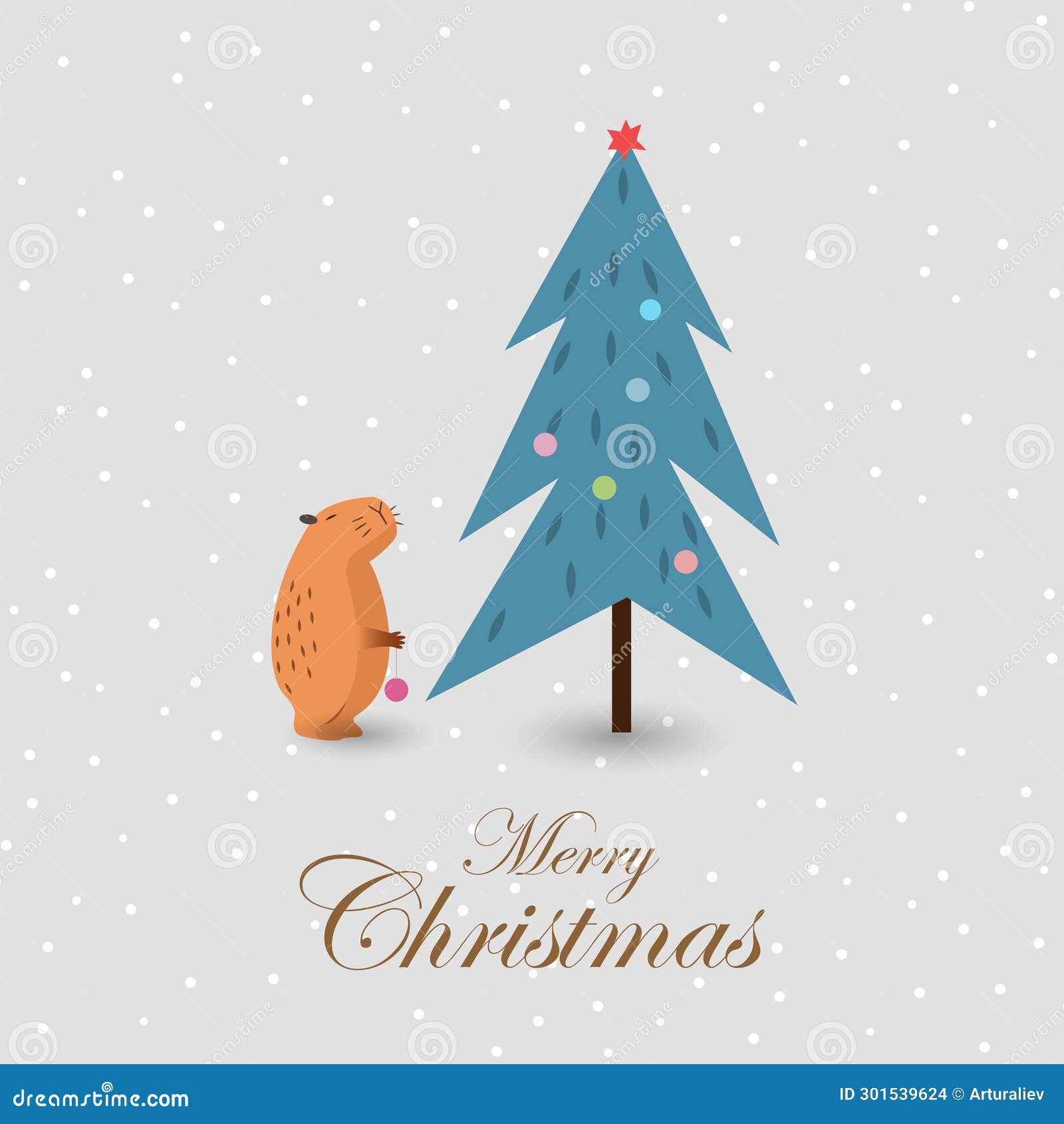 Christmas Greeting Card with Cute Capybara and Xmas Tree Stock