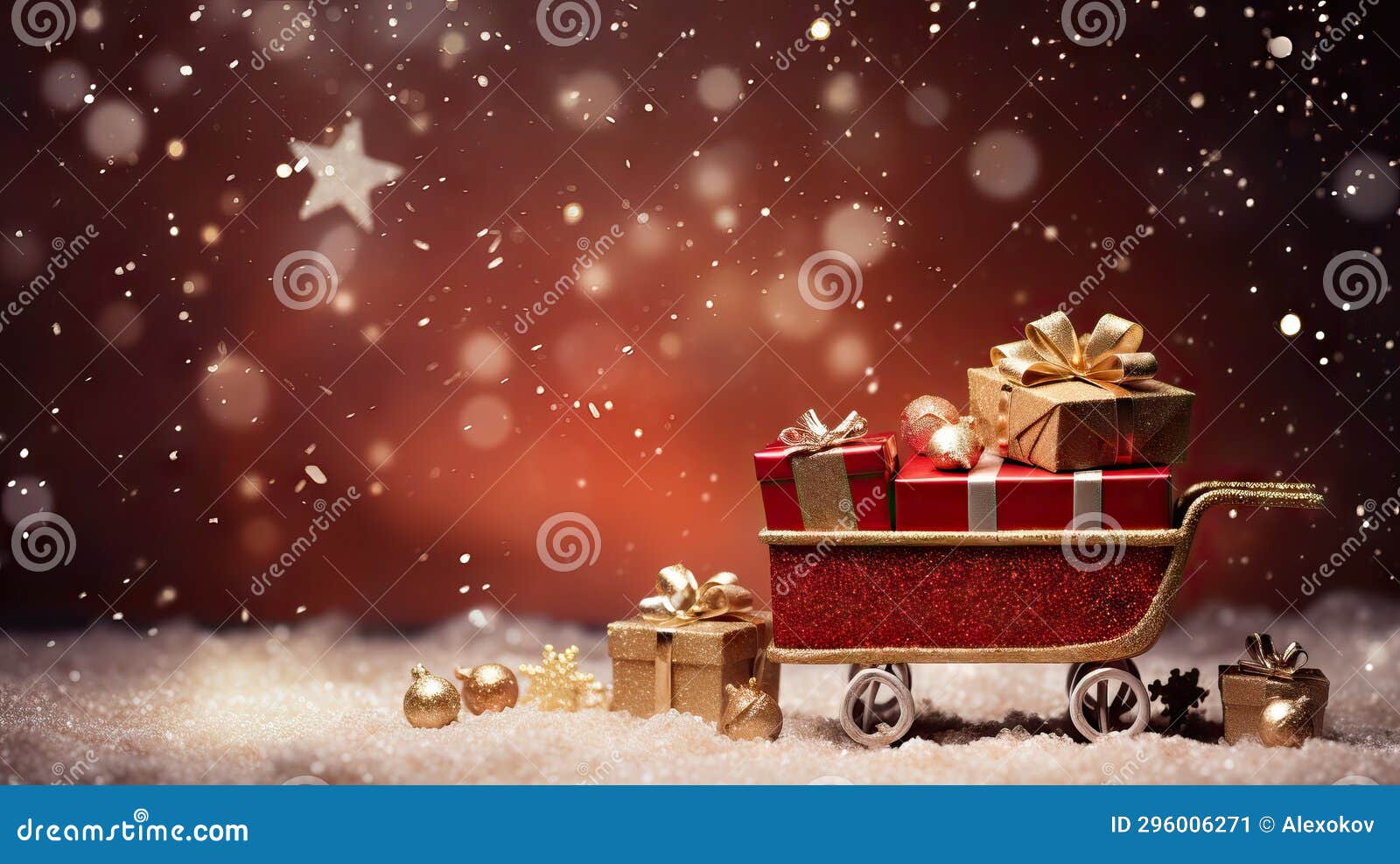 Christmas Greeting Card with Gift Boxes in Sleigh. 3D Rendering