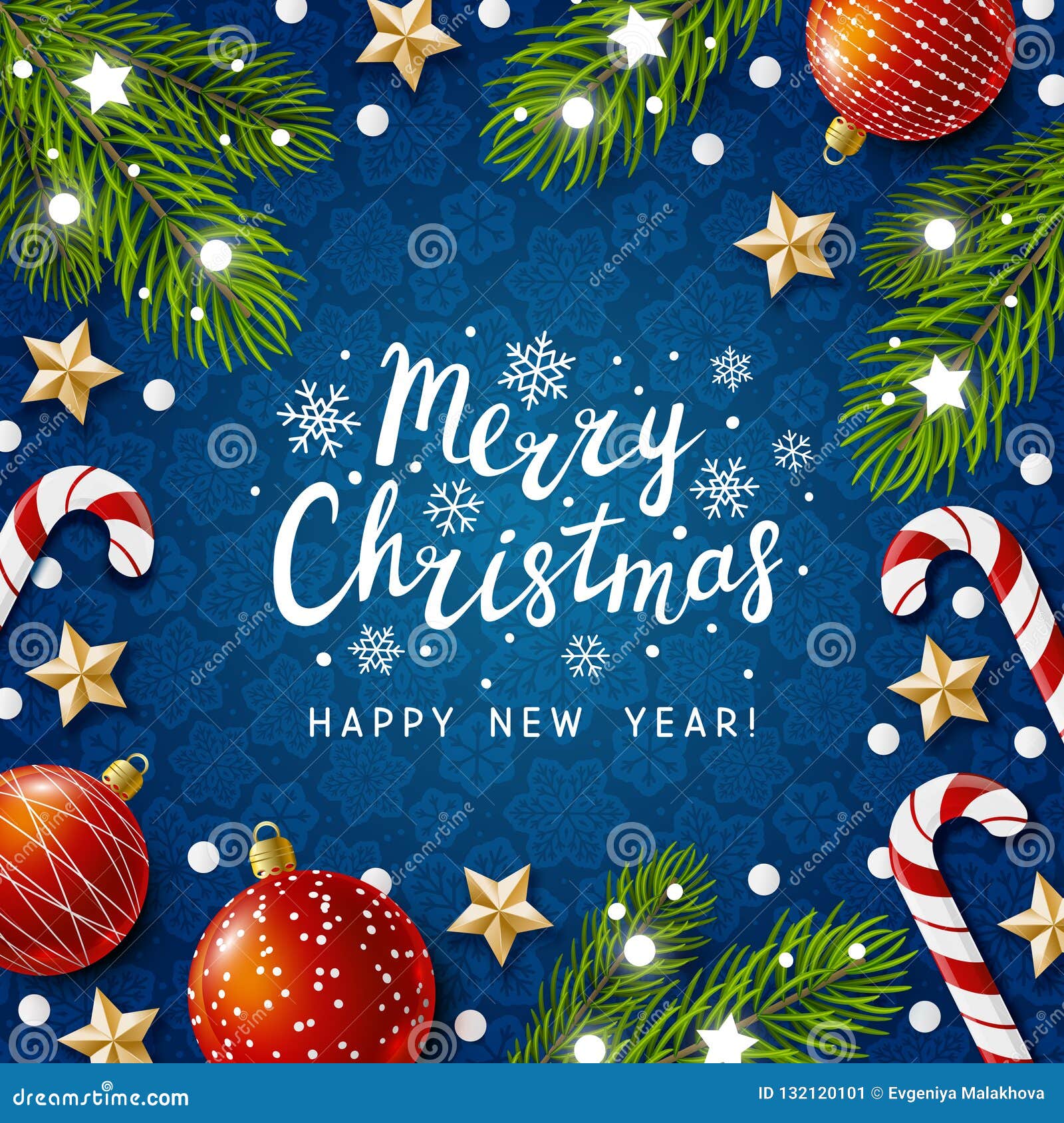 Christmas Greeting Card with Holiday Decor on Blue Stock Vector