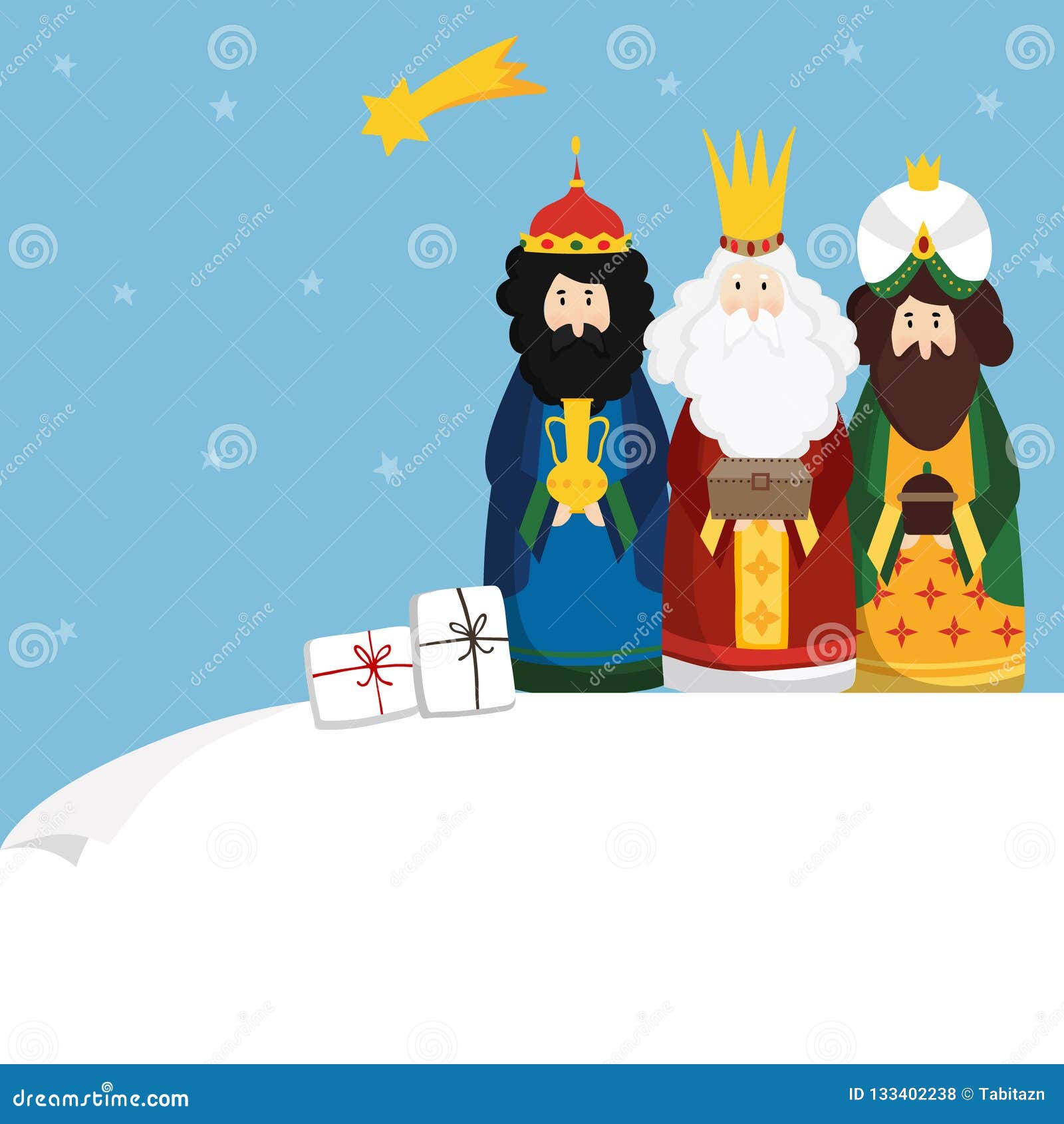 christmas greeting card, invitation. three magi bringing gifts and falling star. biblical kings caspar, melchior