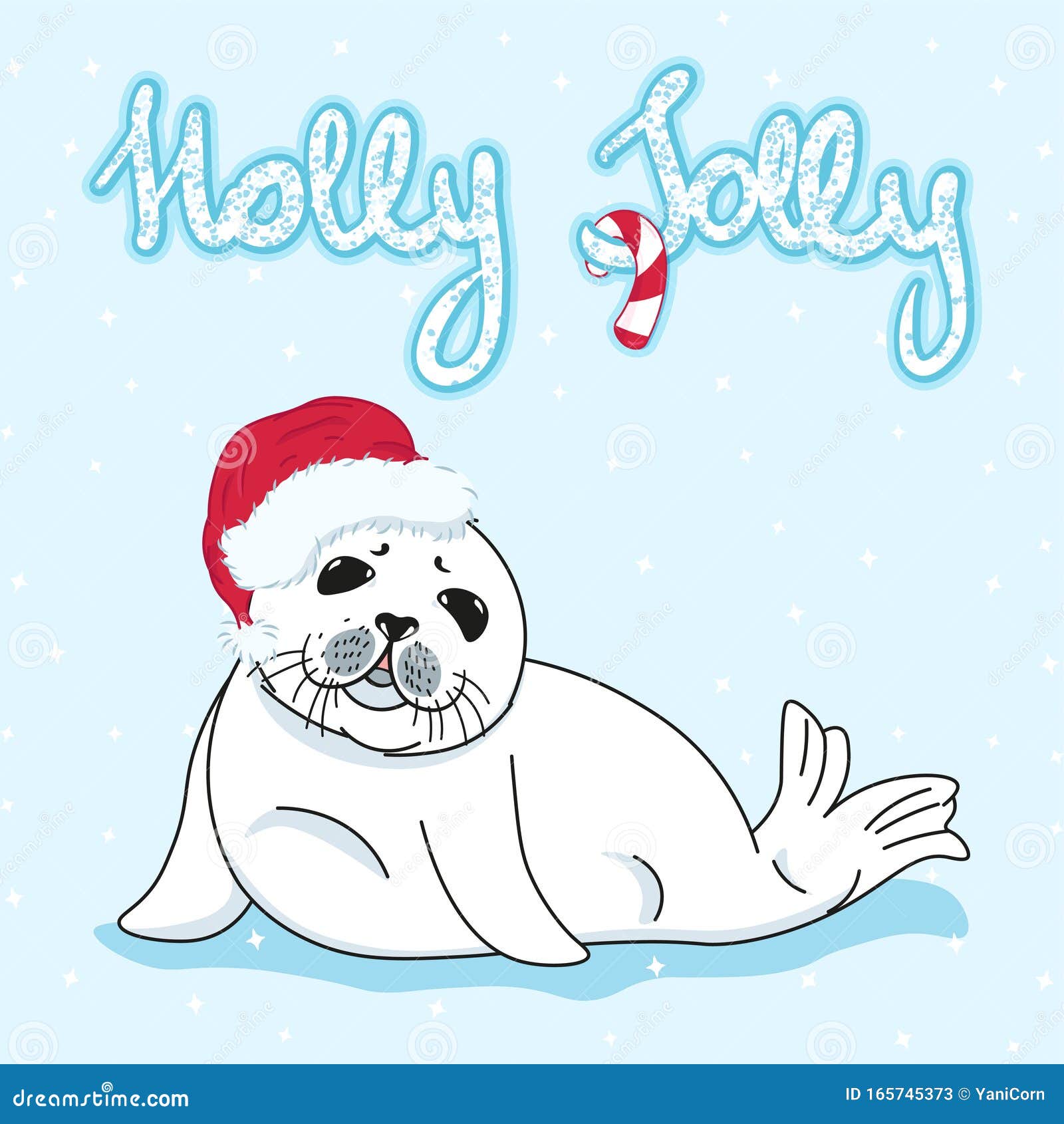 christmas greeting card with kawaii fur seal, holly jolly slogan, baby nerpa in santas hat, cartoon drawing cute animal, editable