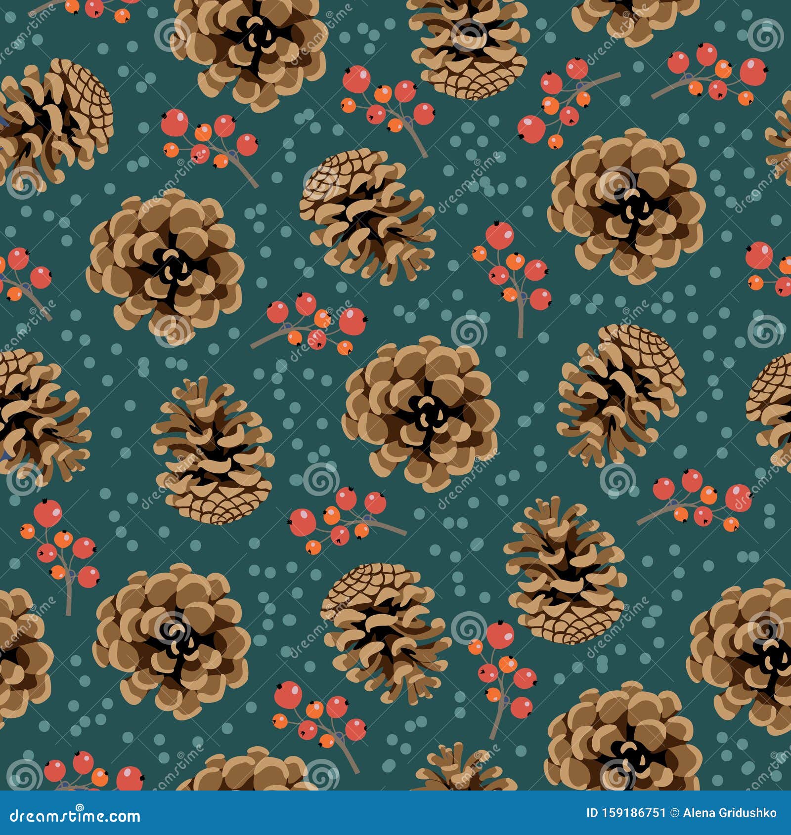christmas and happy new year seamless pattern. endless cartoon  with pinecone and berries.