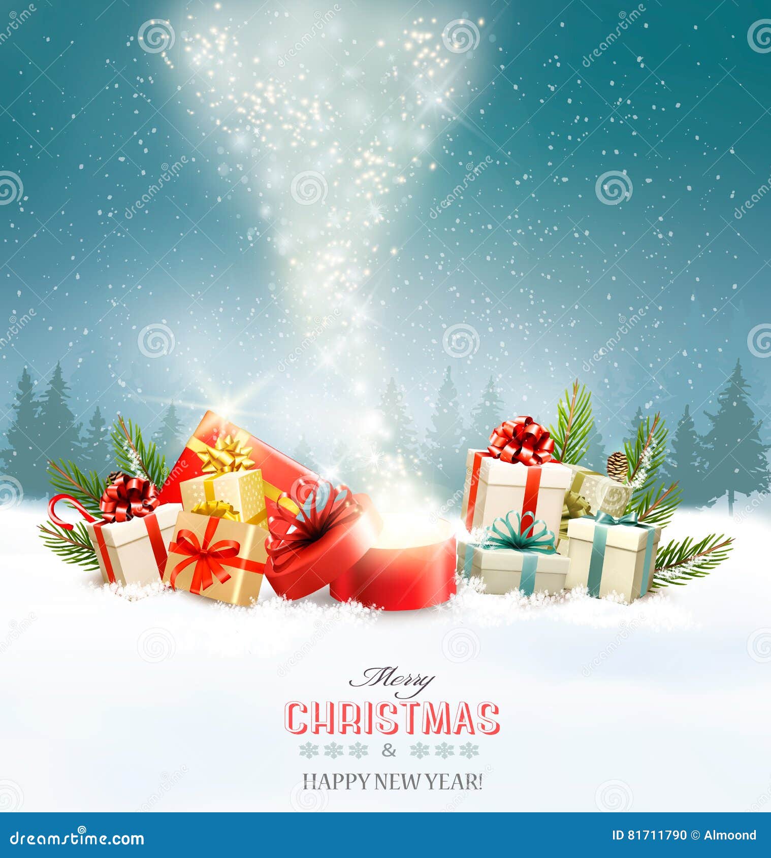 christmas holiday background with presents and magic box.