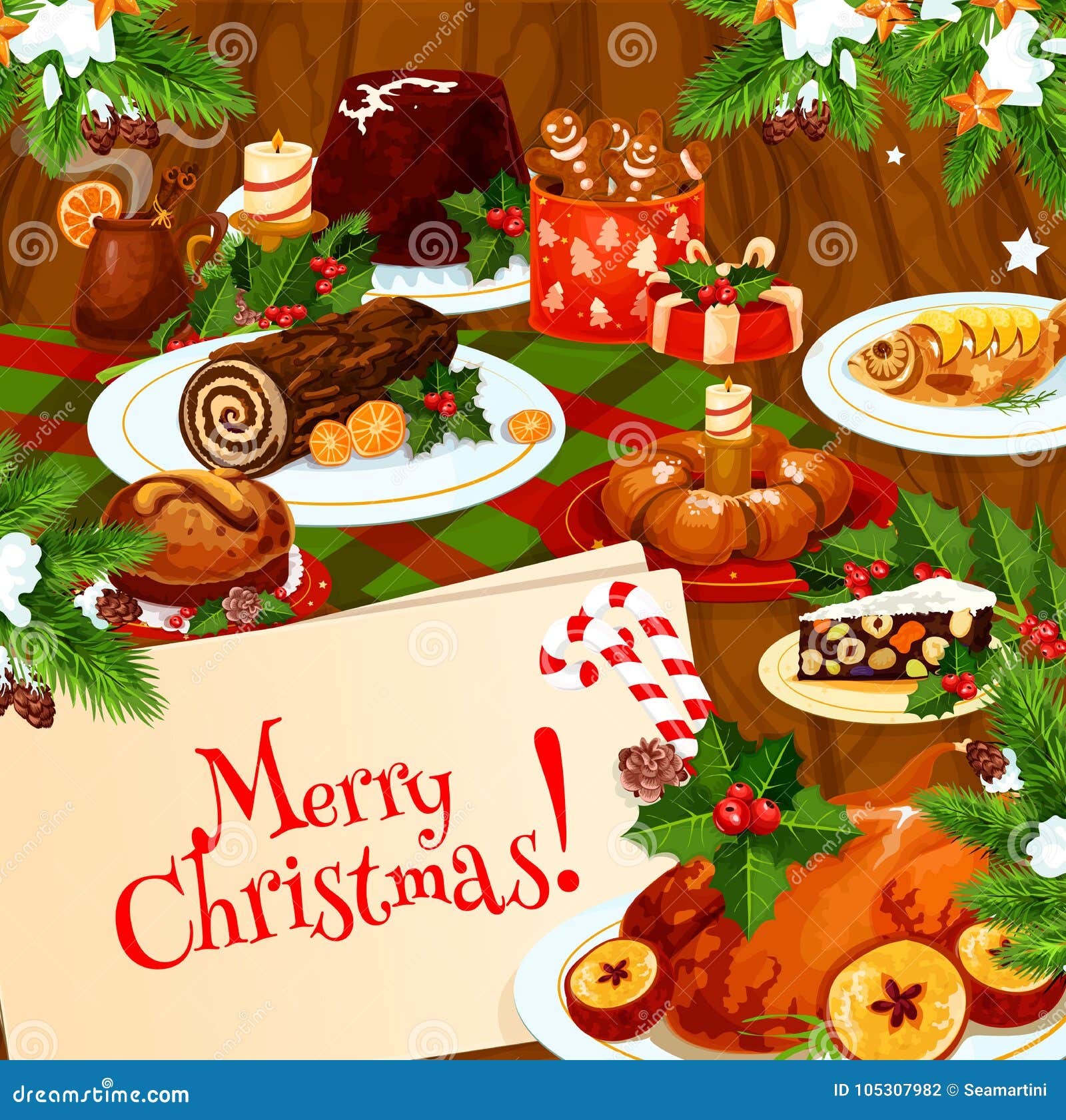 Christmas Banner of Festive Dinner on Wooden Table Stock Vector ...