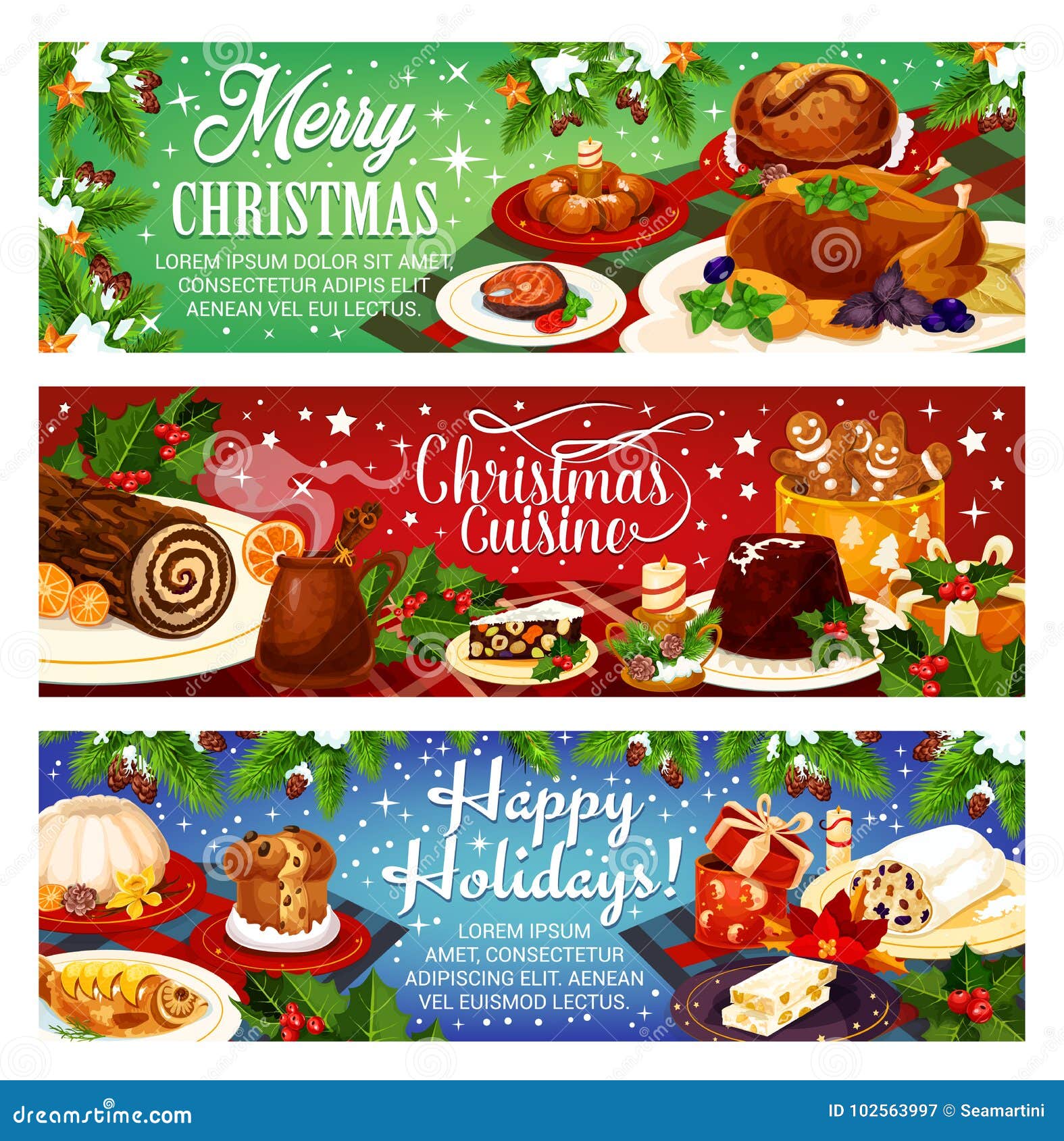 Christmas Dinner Vector Greeting Banners Stock Vector - Illustration of holiday, garland: 102563997