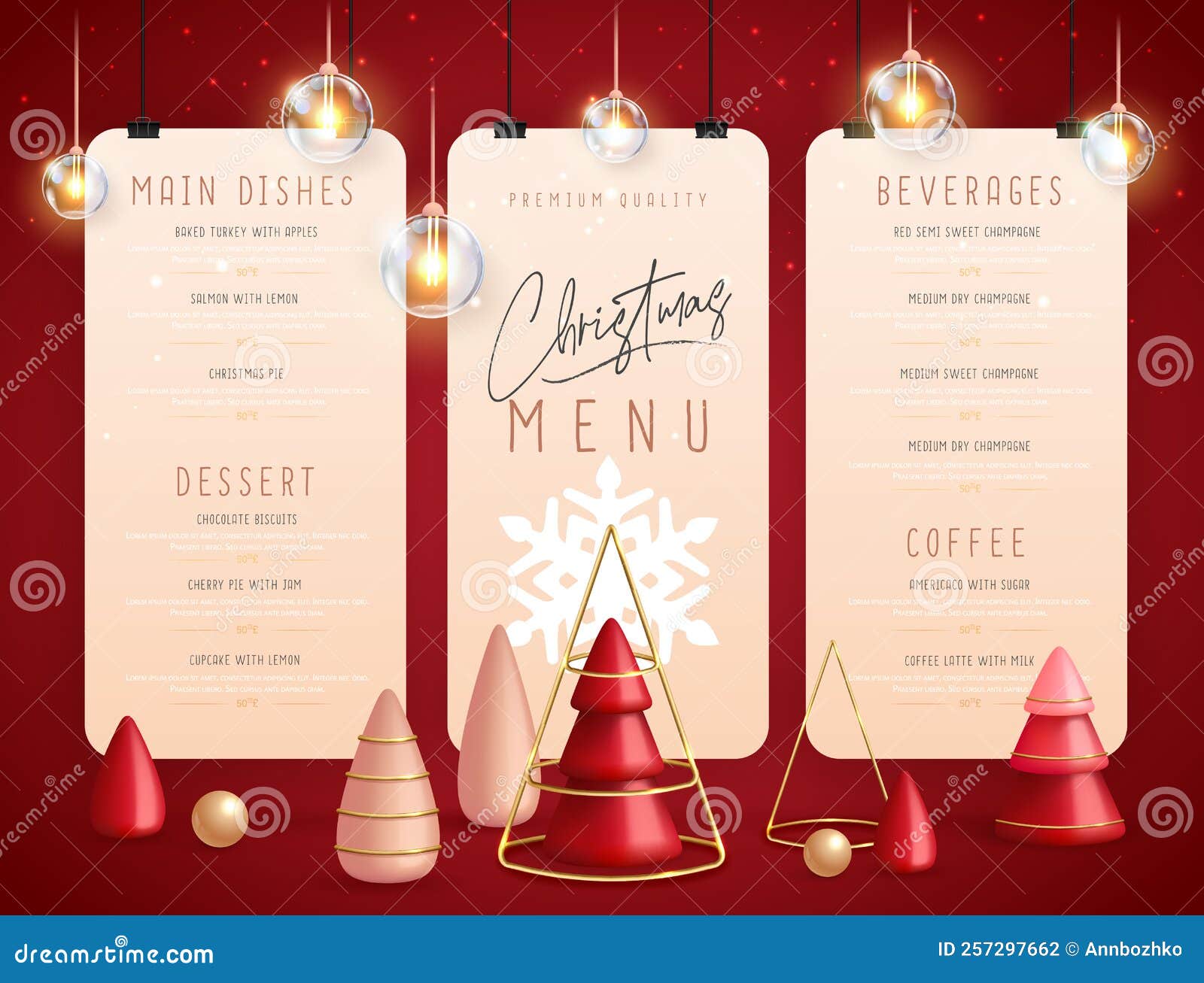 Christmas Holiday Restaurant Menu Design with Realistic 3D Plastic