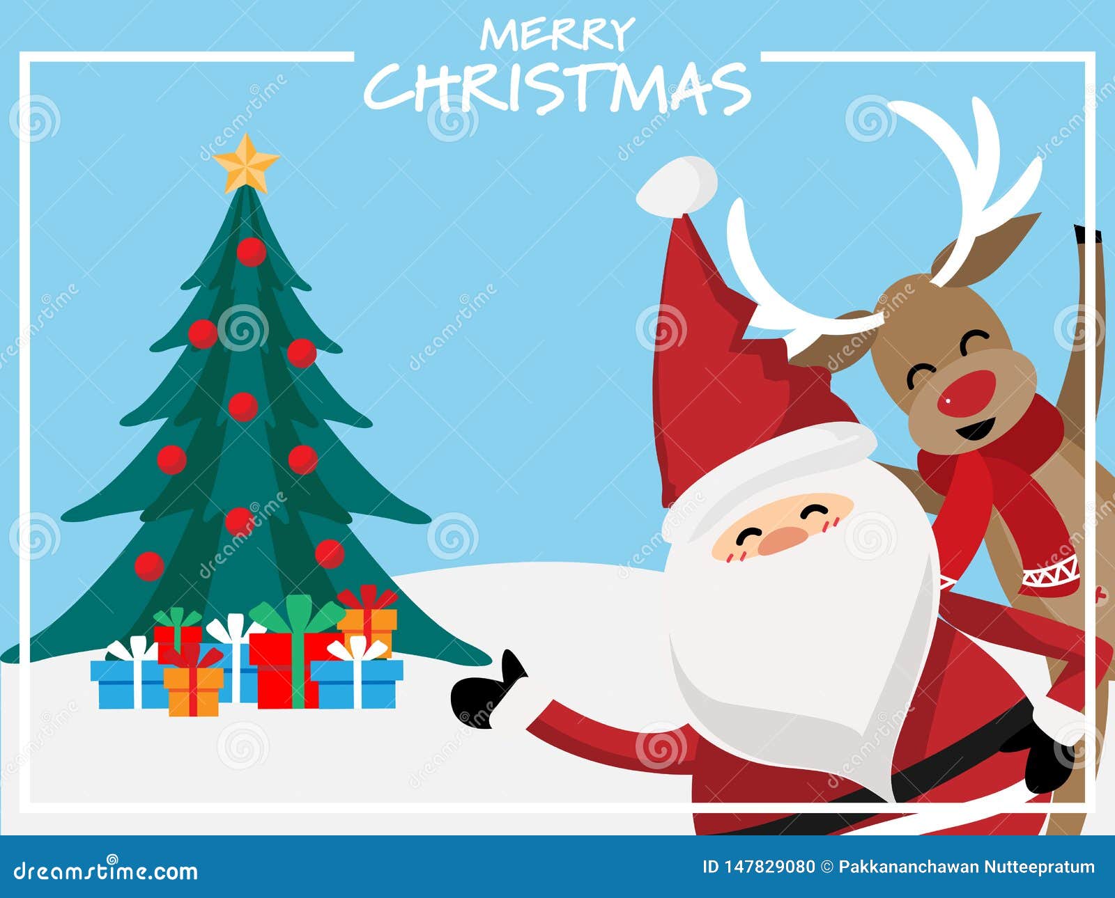 Christmas Holiday Season Background with Christmas Cartoon of Santa Claus,  Reindeer, Gift Box and Christmas Tree. Stock Vector - Illustration of tree,  background: 147829080