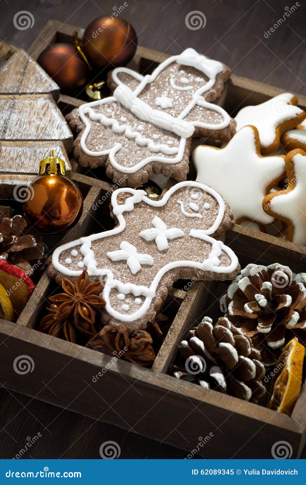 Christmas Holiday Symbols and Cookies in a Wooden Box, Closeup Stock ...