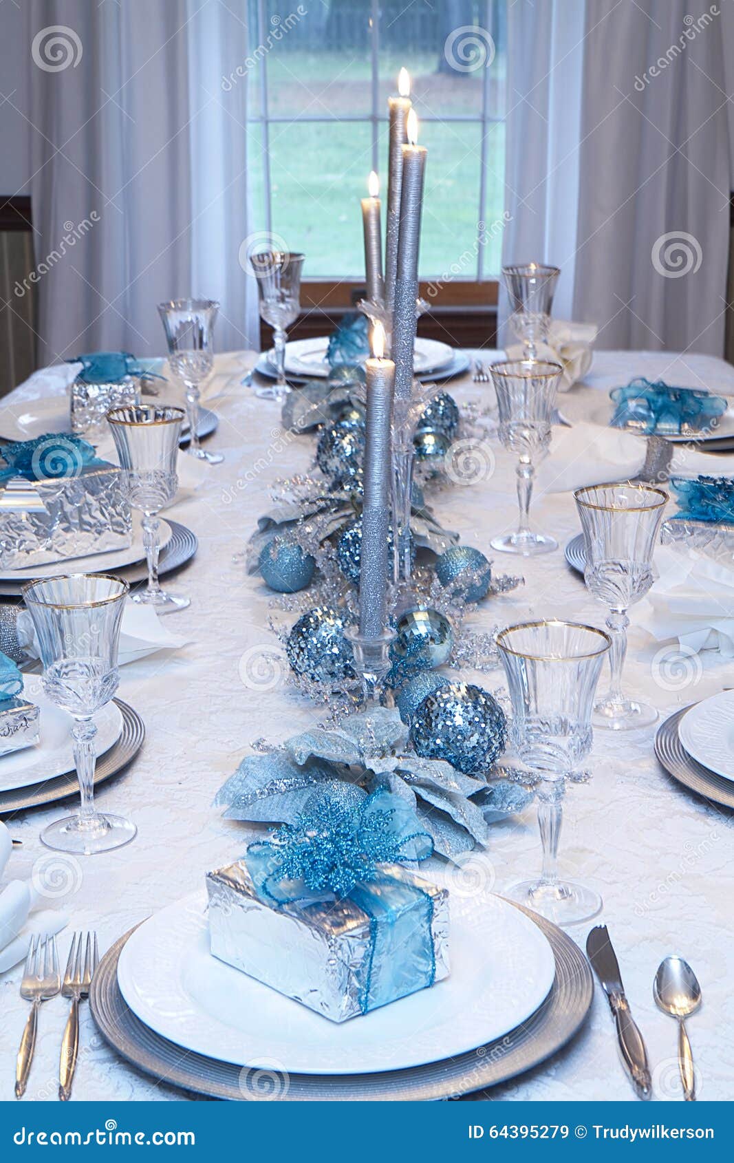 Christmas Holiday Table Setting - Blue White Stock Image 