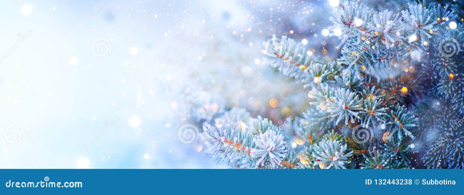 christmas holiday tree. border snow background. snowflakes. blue spruce, beautiful christmas and new year xmas tree art 