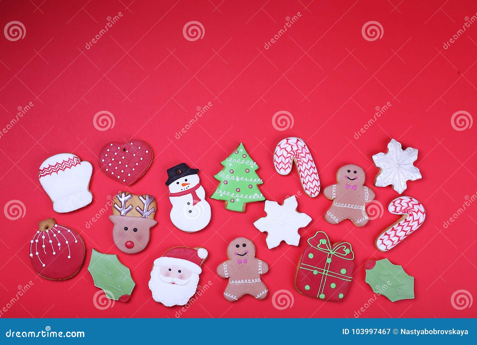 Christmas Cookies On Red Background Top View. Various ...