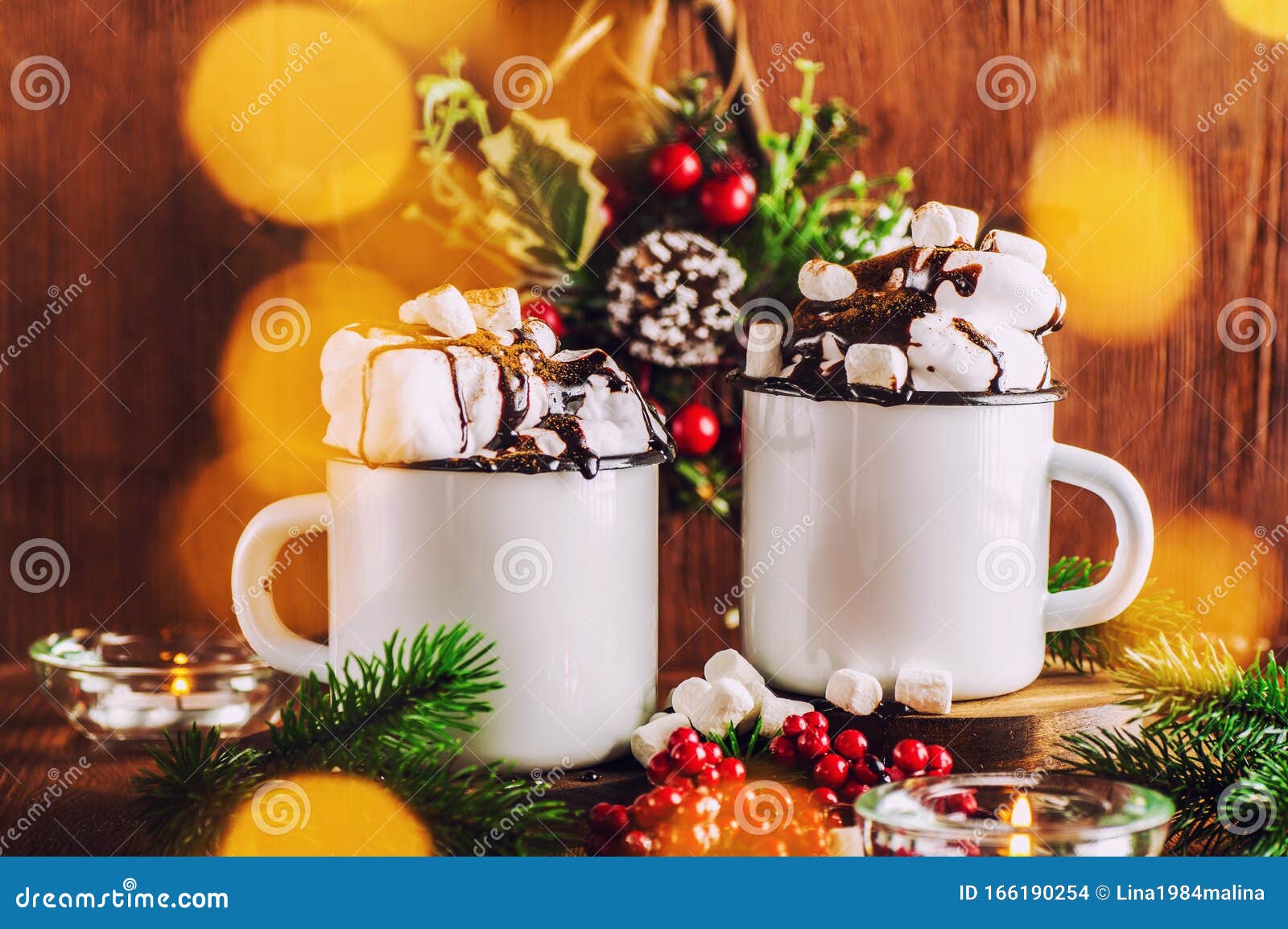Hot drinks. Winter Christmas mugs background, holiday cocoa coffee cho By  ONYX