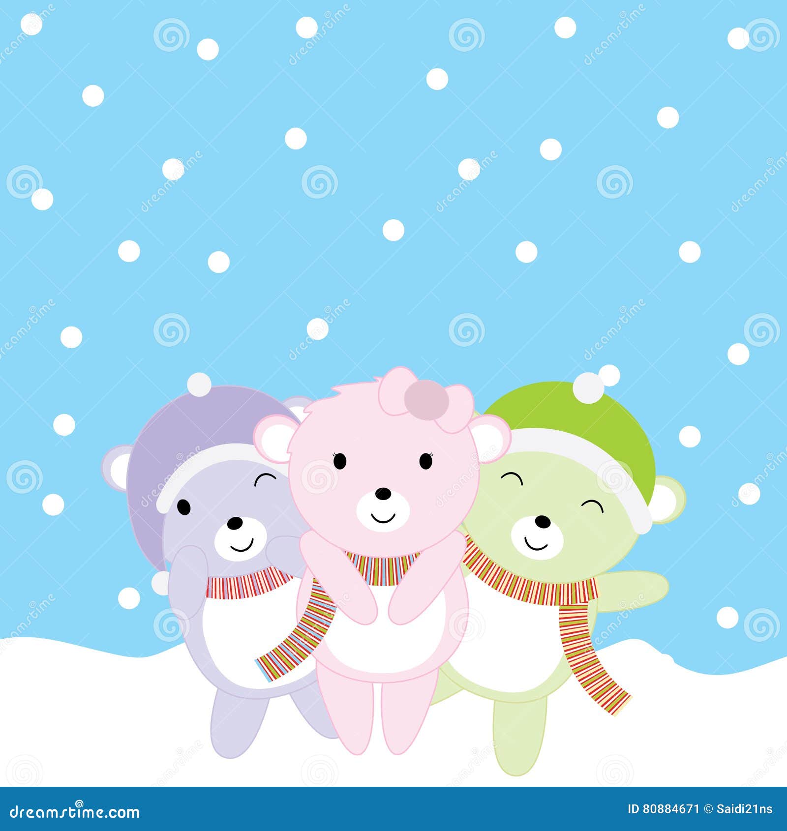 Christmas Illustration With Cute Baby Bears On Snow Fall Background