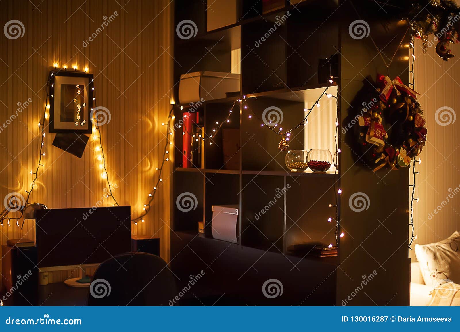 Christmas Interior Decorations. Garlands on the Wall, Wreath and ...