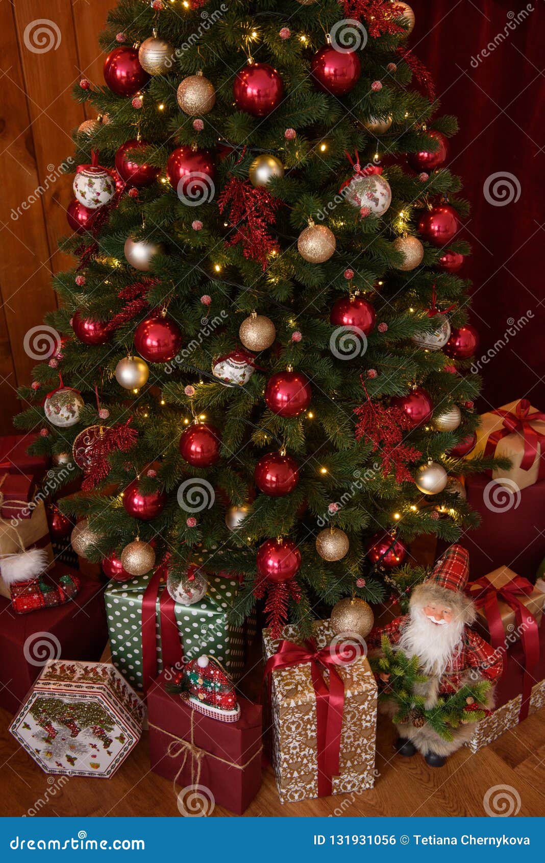 Christmas Interior With Gift Boxes And Christmas Fires Stock