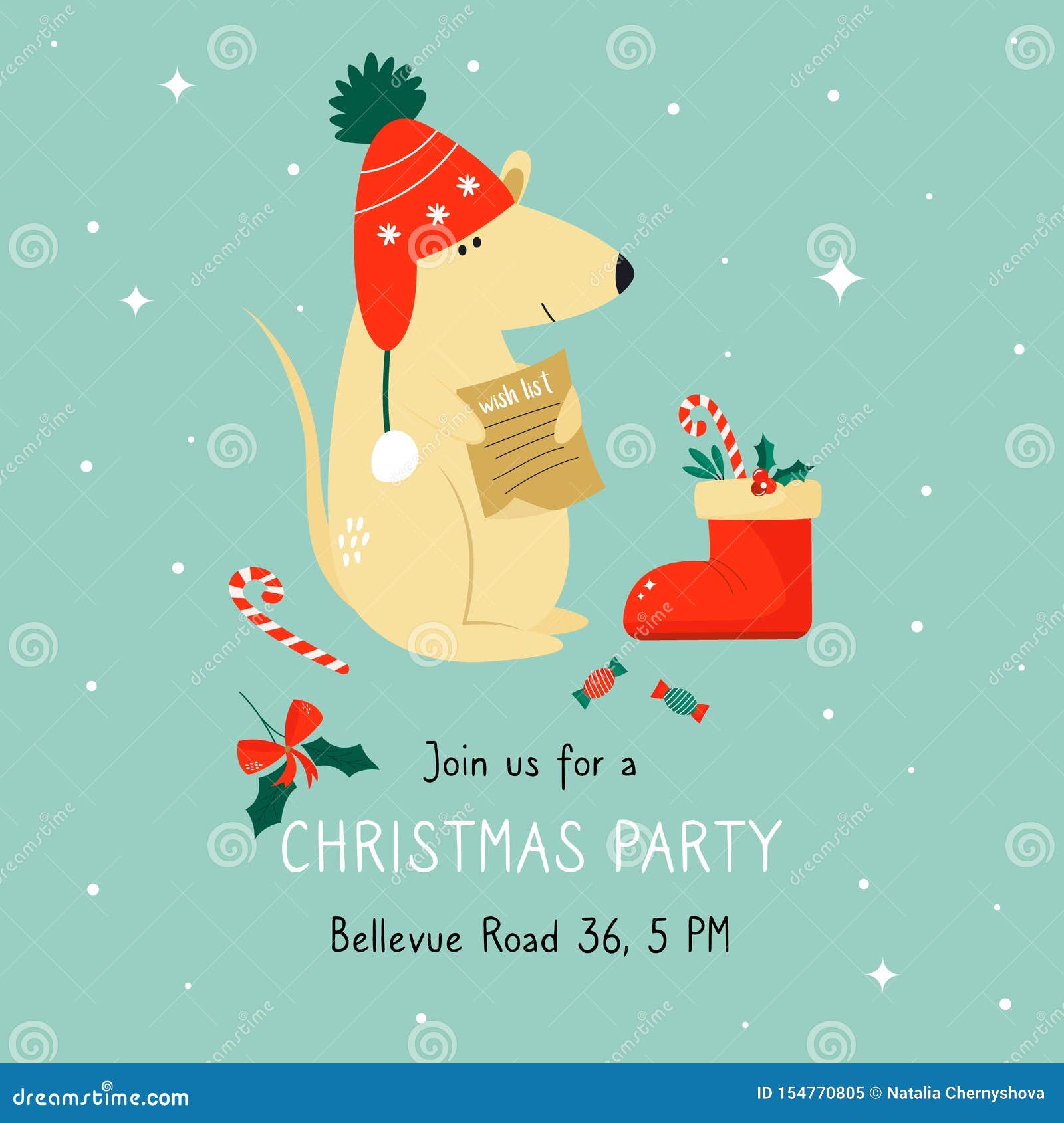 Christmas Invitation Template with a Funny Mouse Stock Vector -  Illustration of element, invitation: 154770805