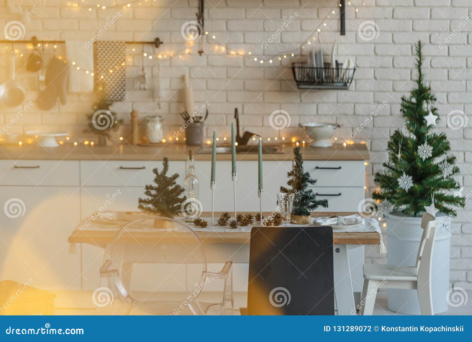 Christmas Kitchen Table in Loft Style Decoration Stock Photo Image of