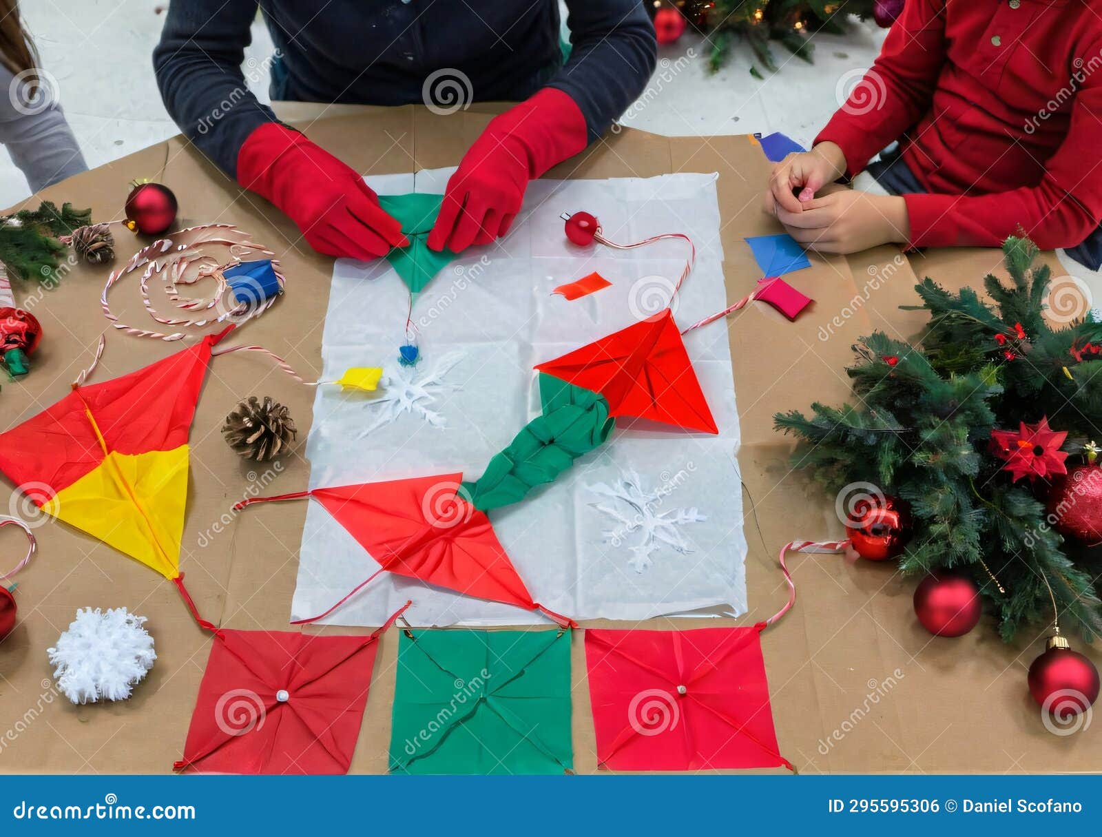 A Christmas KiteMaking with Colorful Materials on a Table. Generative AI Stock Photo