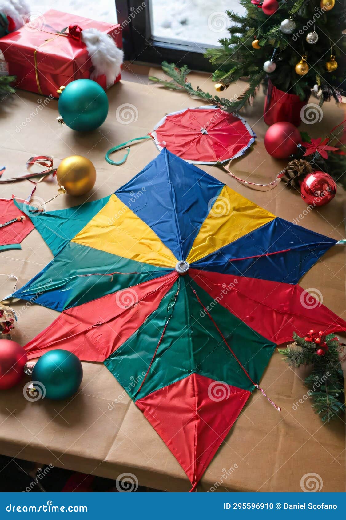 A Christmas KiteMaking with Colorful Materials on a Table. Generative AI Stock Photo