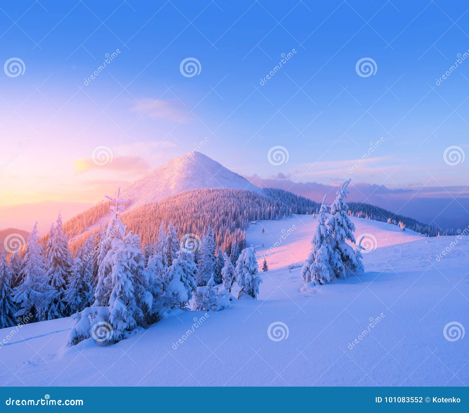 Christmas Landscape in the Winter Mountains at Sunset Stock Photo ...