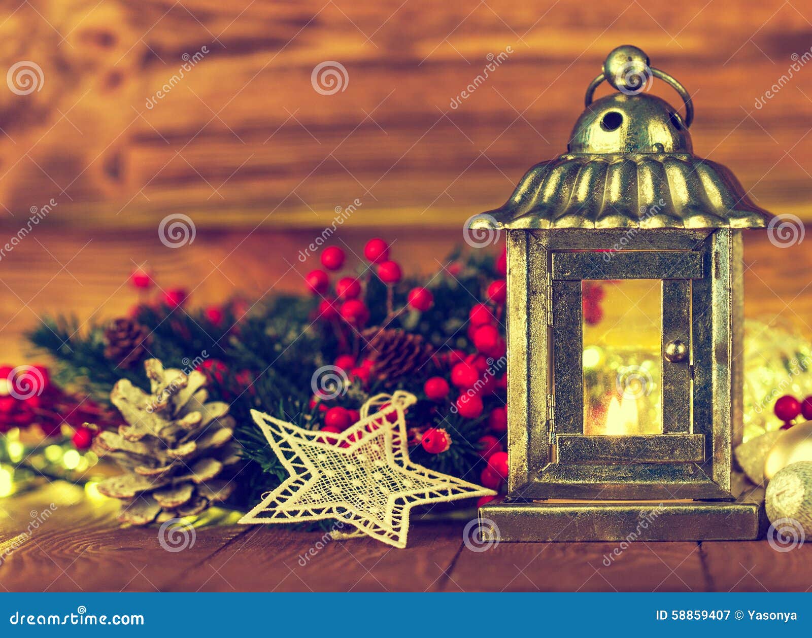 Christmas Lantern with Fir and Tinsel Stock Image - Image of candle ...