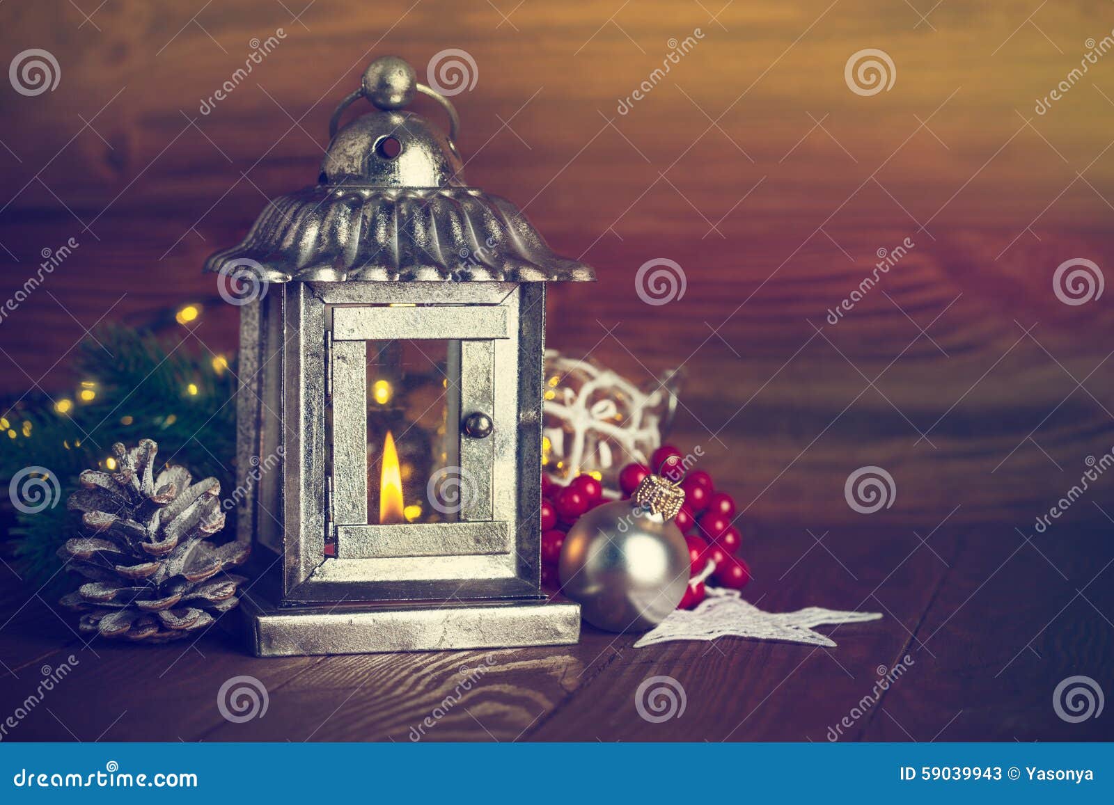 Christmas Lantern with Fir and Tinsel Stock Image - Image of flame ...