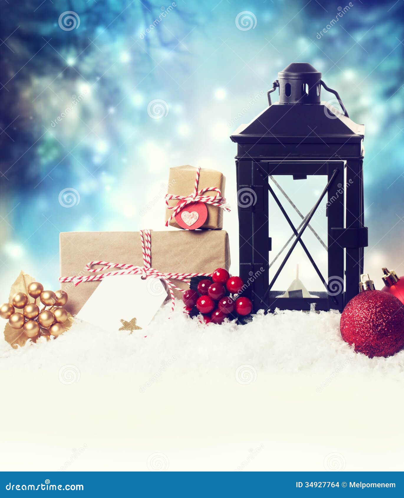 Christmas Lantern With Ornaments In The Snow Stock Images 