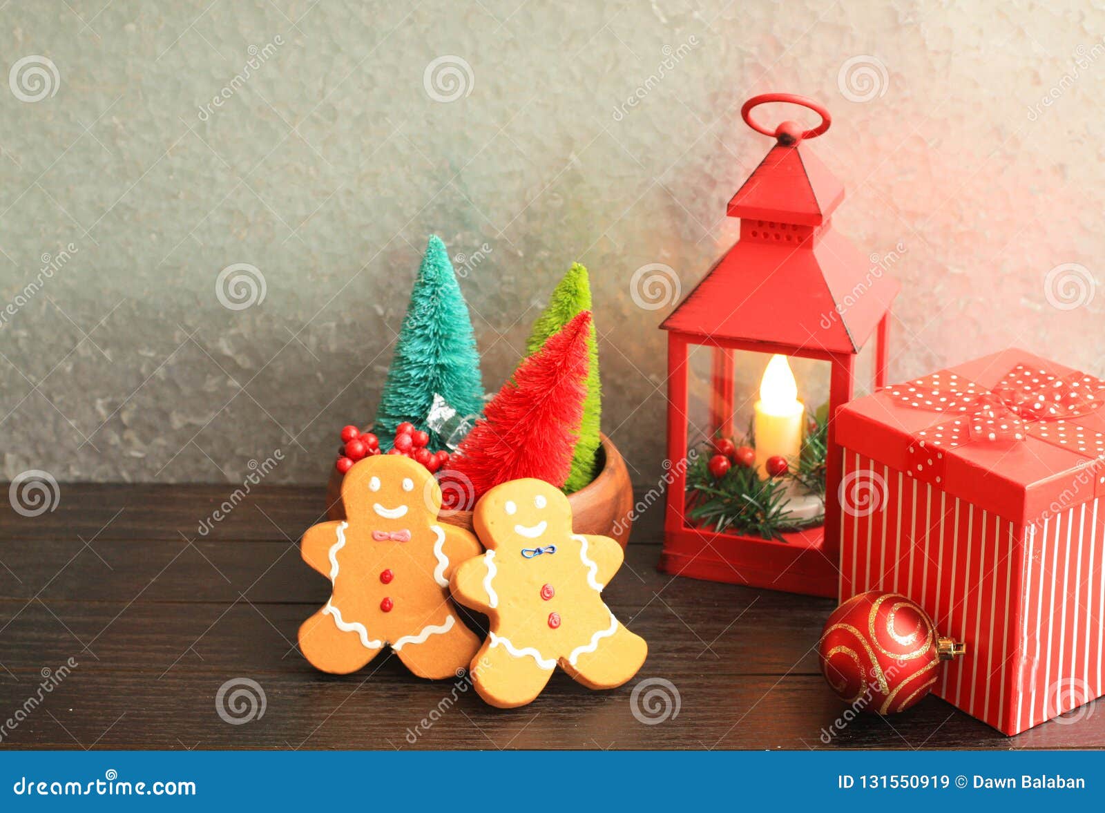 Christmas Lantern Red Colorful Trees and Gingerbread Men Stock Image ...