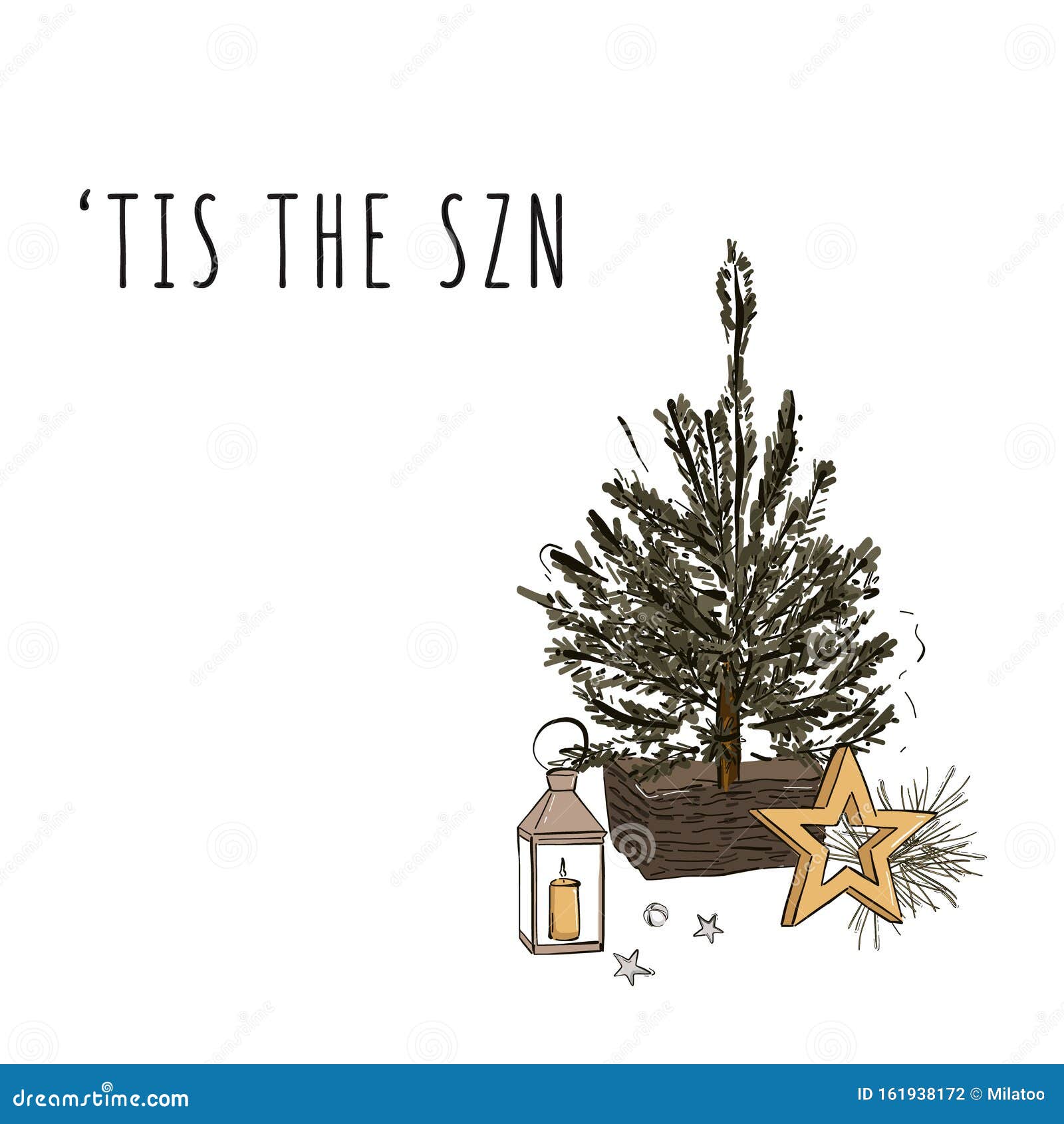 christmas lanterns candles decoration with new year holiday tree, gold star, jingle bells and tis the szn quote hand-drawn 