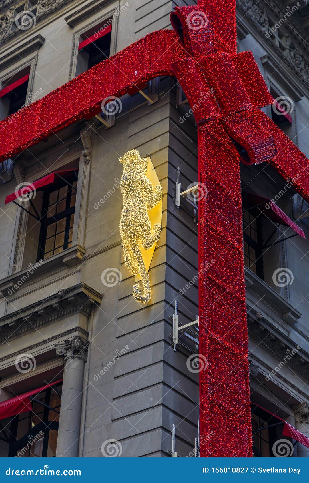 Christmas Lights Decorations of Red Ribbon and Panther on the