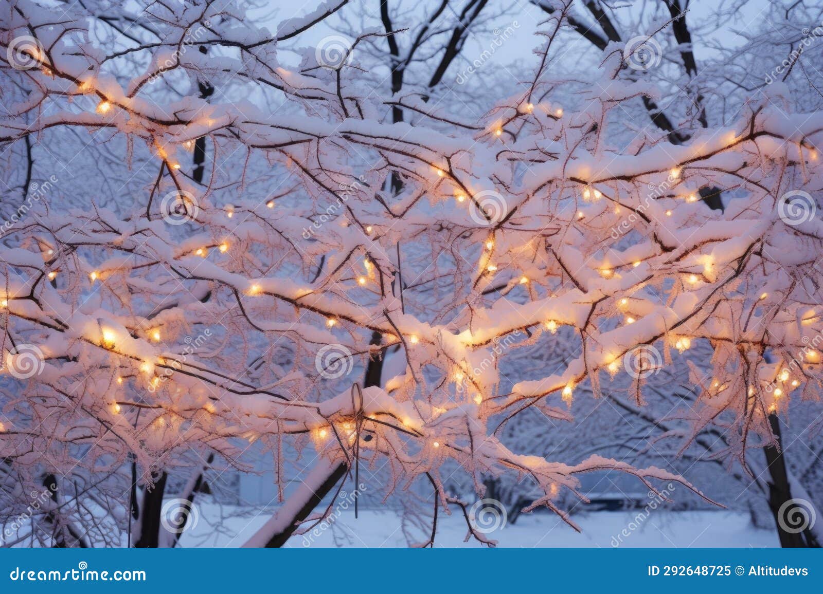 Christmas Lights Glowing on Snowcovered Branches of a Deciduous Tree
