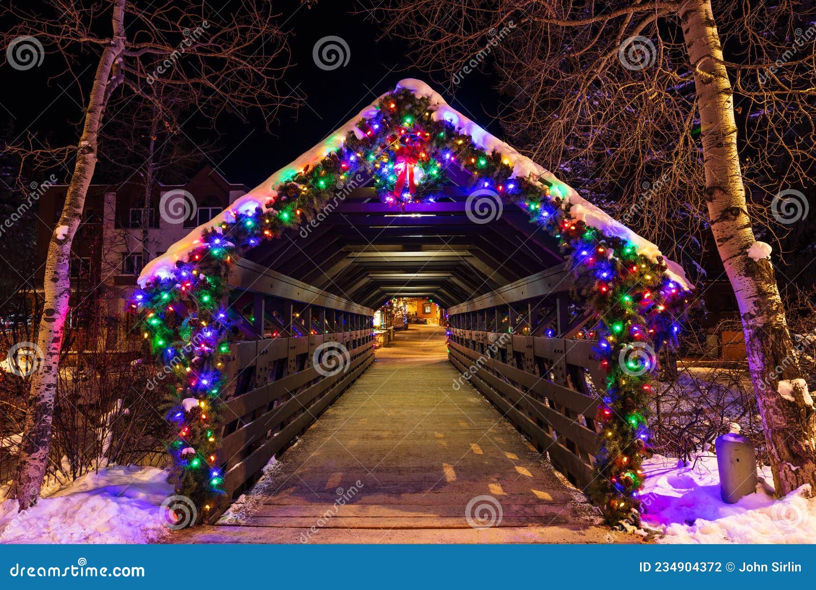 Christmas Lights on the Covered Bridge in Vail, Colorado Editorial