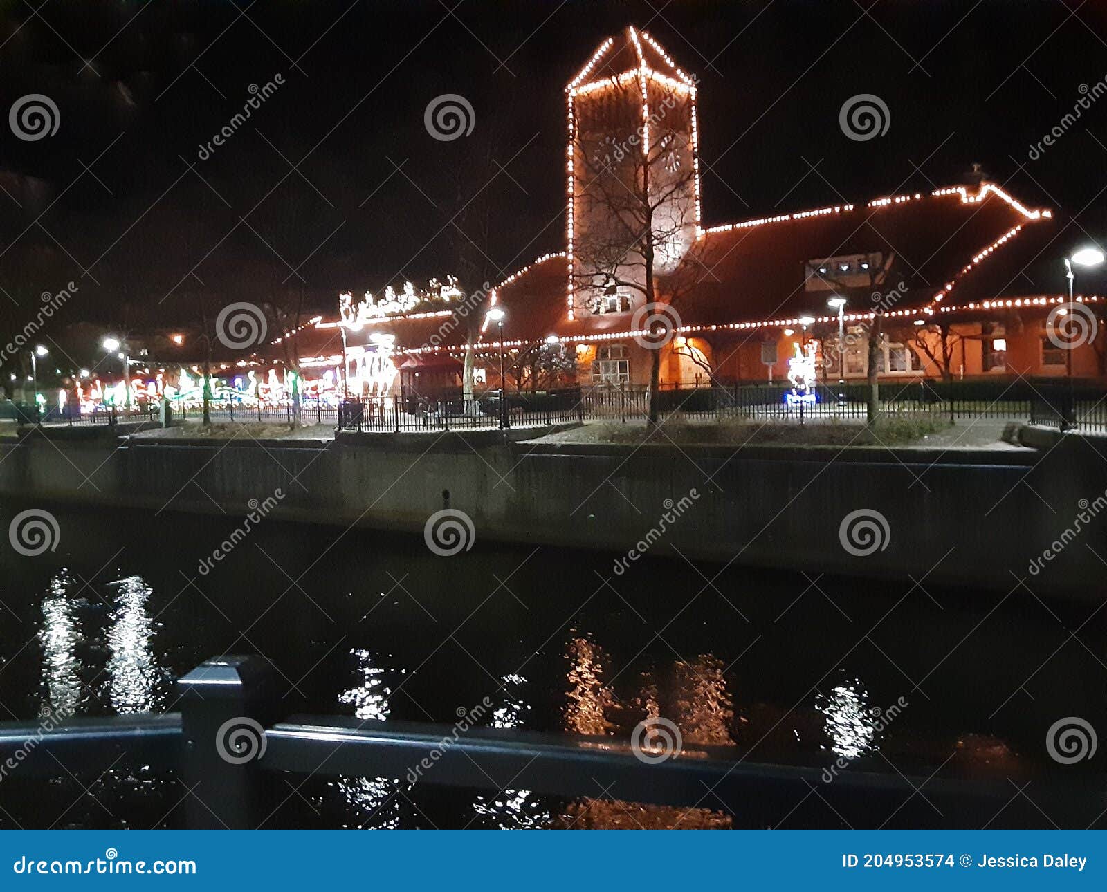 Christmas Lights by the River Stock Photo Image of reflection, night 204953574