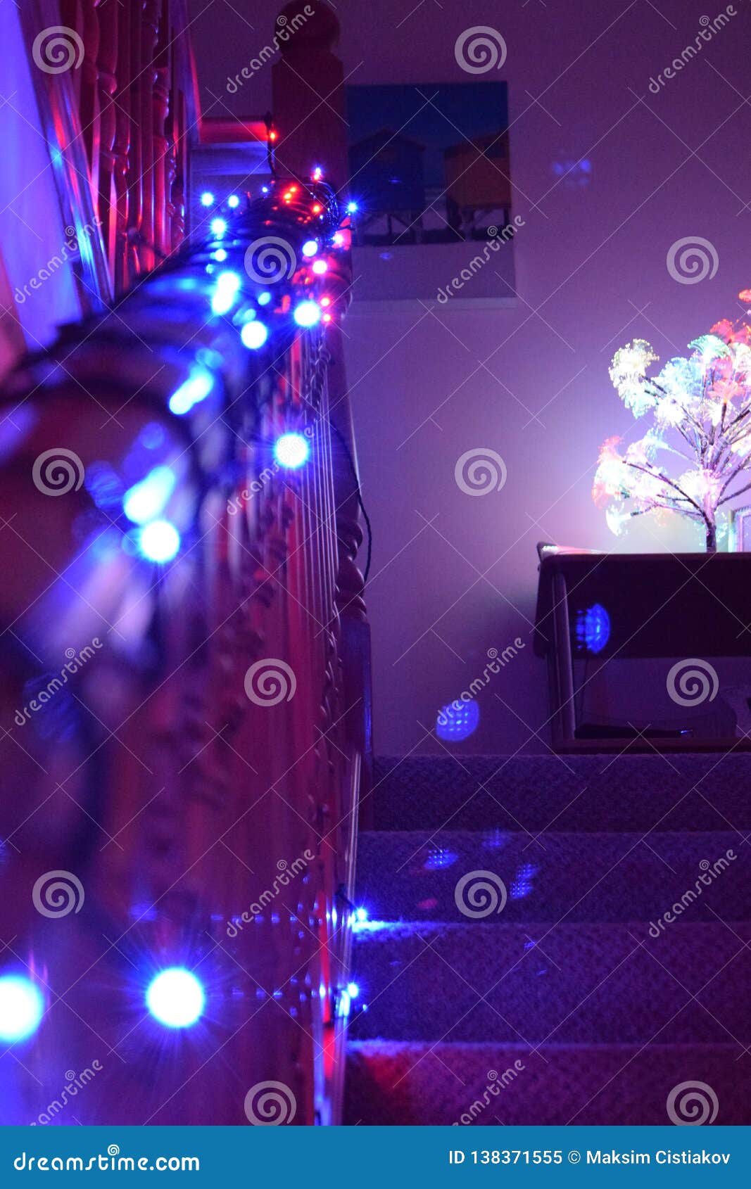 Christmas lights on stairs stock image. Image of stairs 138371555