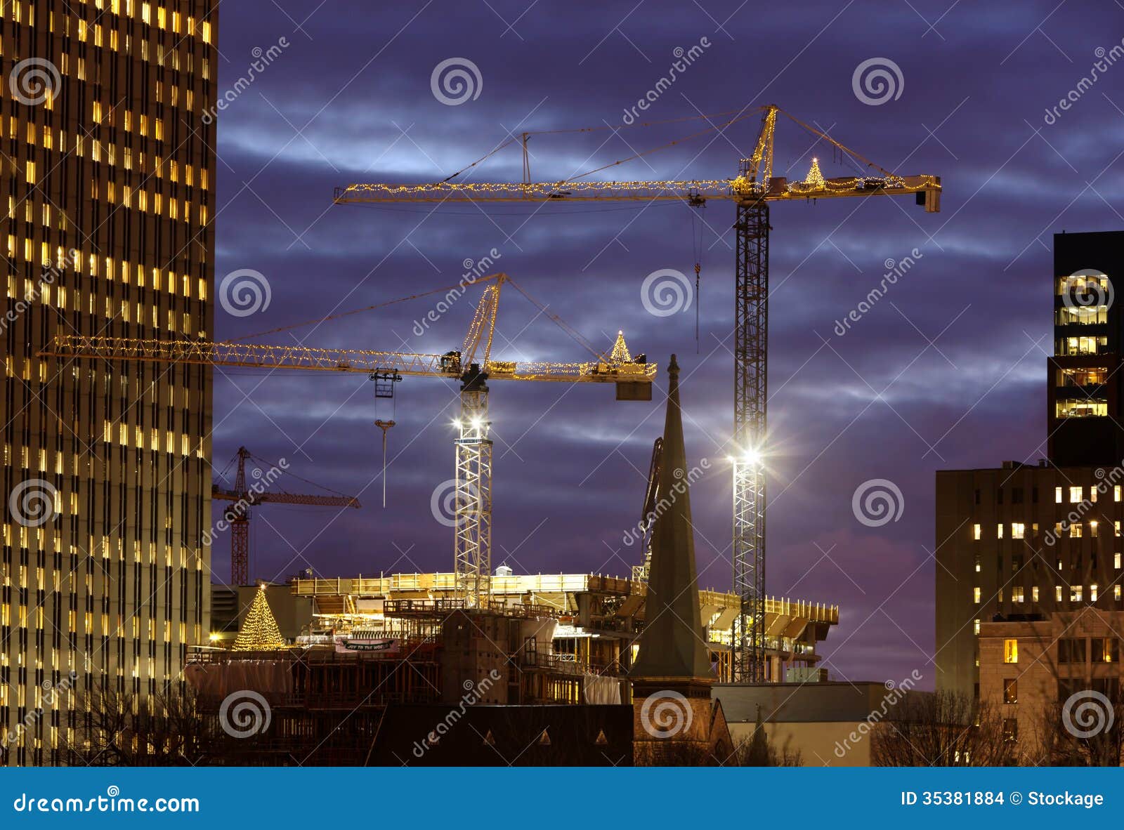 Christmas Lights on Tower Cranes Stock Photo Image of season, buildings 35381884