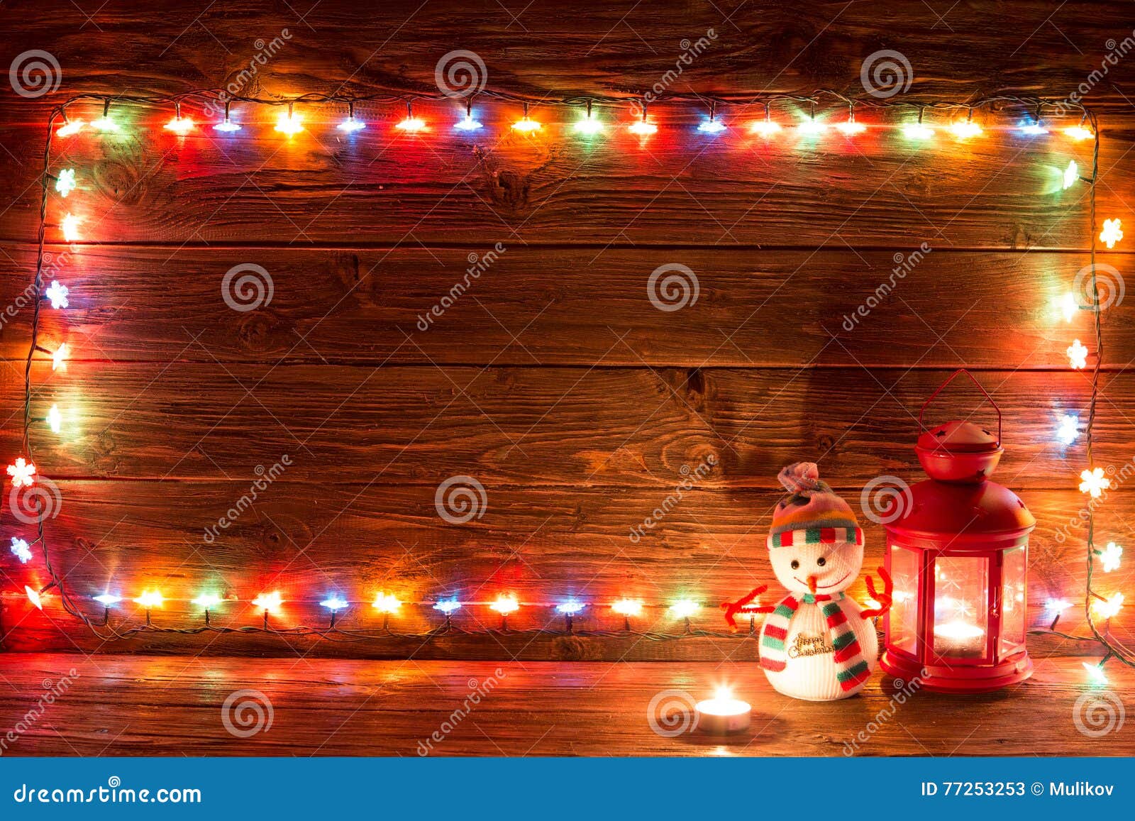 Christmas Lights and Vintage Lantern on Wooden Background. Stock Image ...