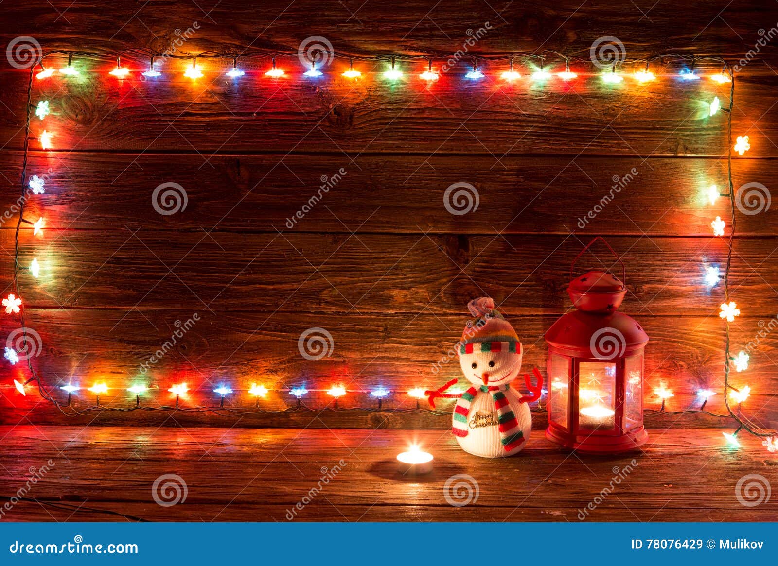 Christmas Lights and Vintage Lantern on Wooden Background. Stock Image ...